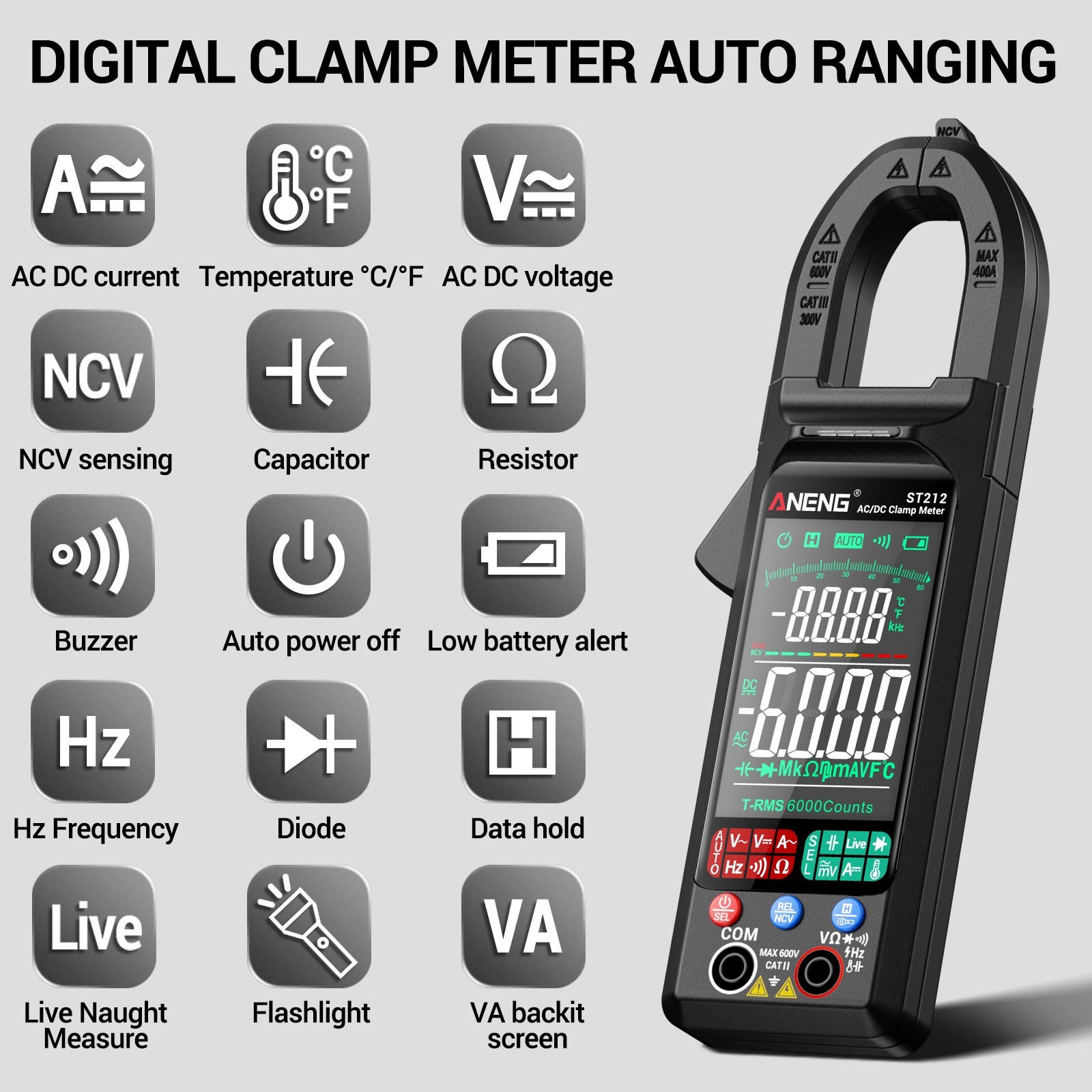 ANENG ST212 Clamp Meter Digital Multimeter Professional T-RMS 400A AC/DC Tester