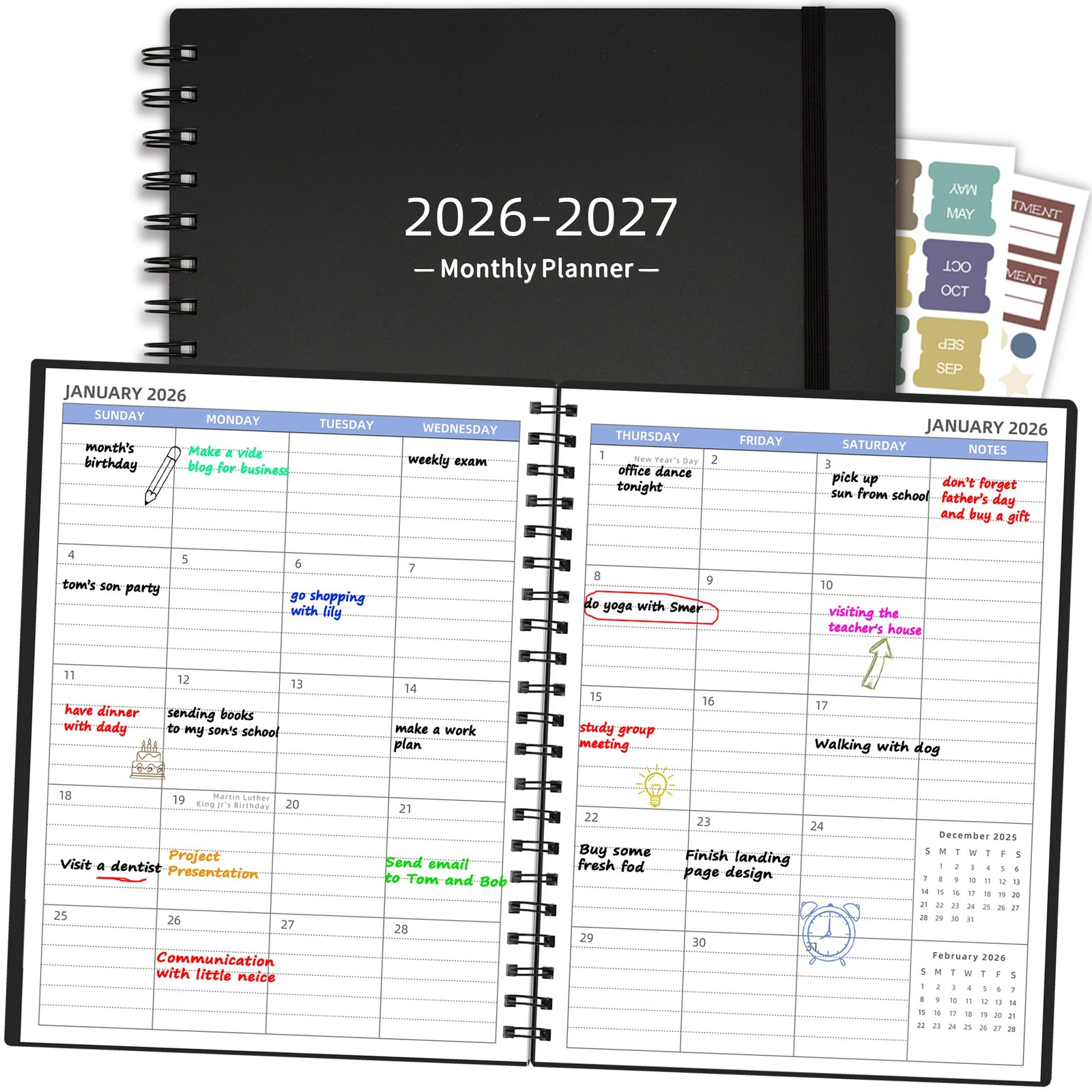 2026-2027 7.4 x 9.6 x 0.35 inches, Monthly Planner Black(Dated 2026.1-2027.6)