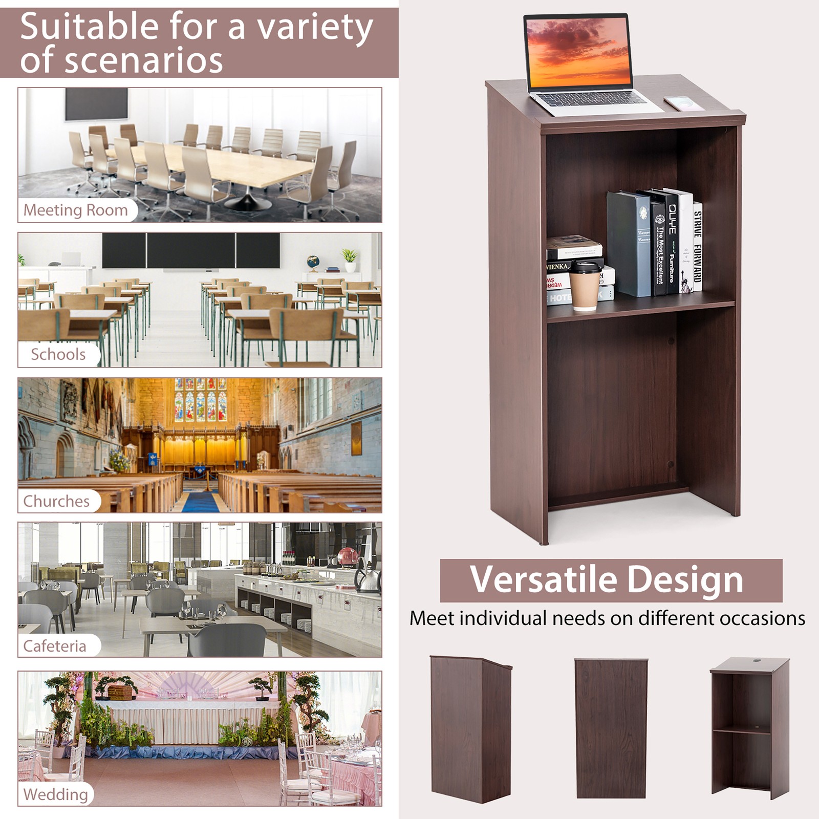 Wooden Floor Standing Podium Speaking Lectern w/ Adjustable Shelf & Pen Tray