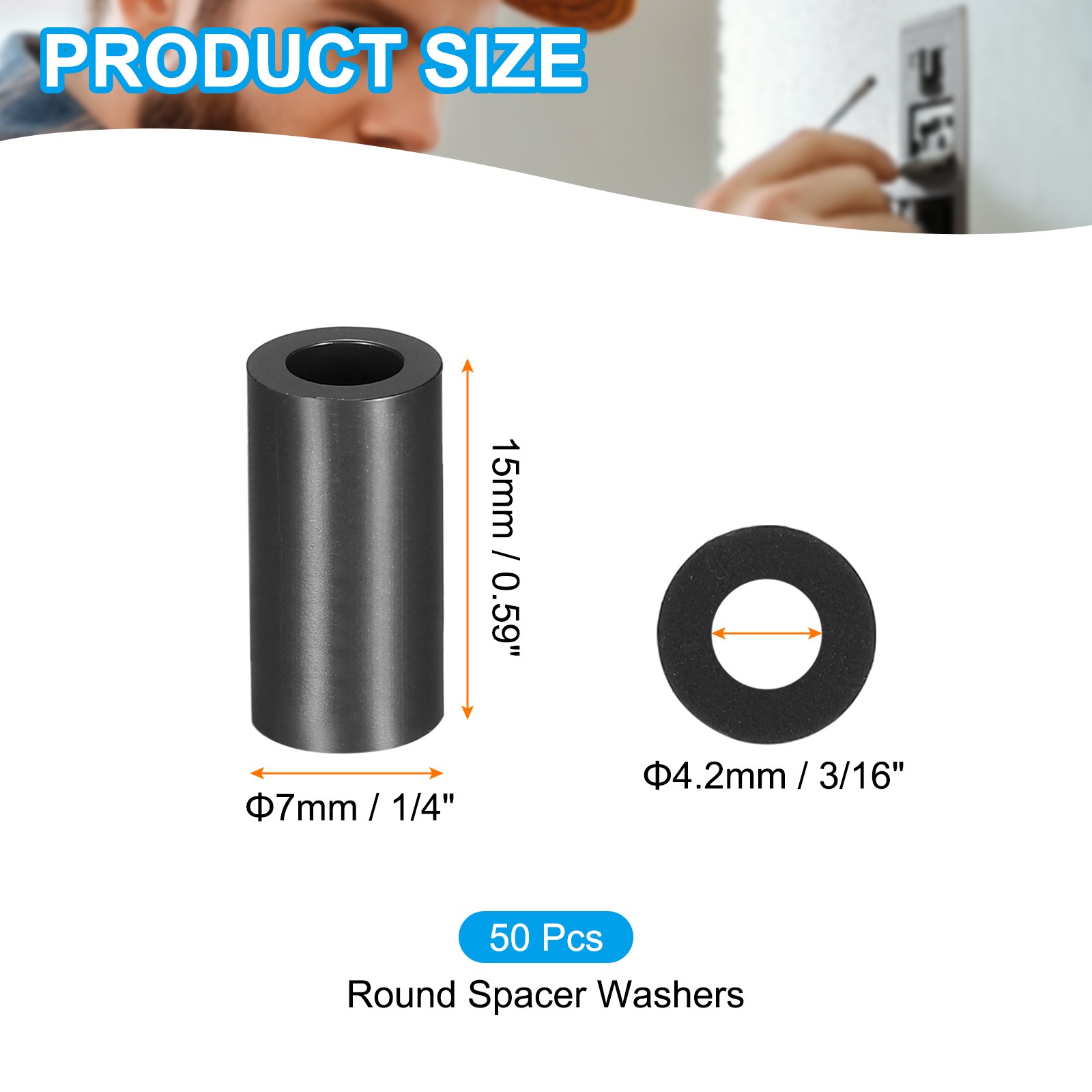 M4 Black ABS Spacer Inner Diameter 0.17″, Outer Diameter 0.28″,L 0.59″, 50Pcs