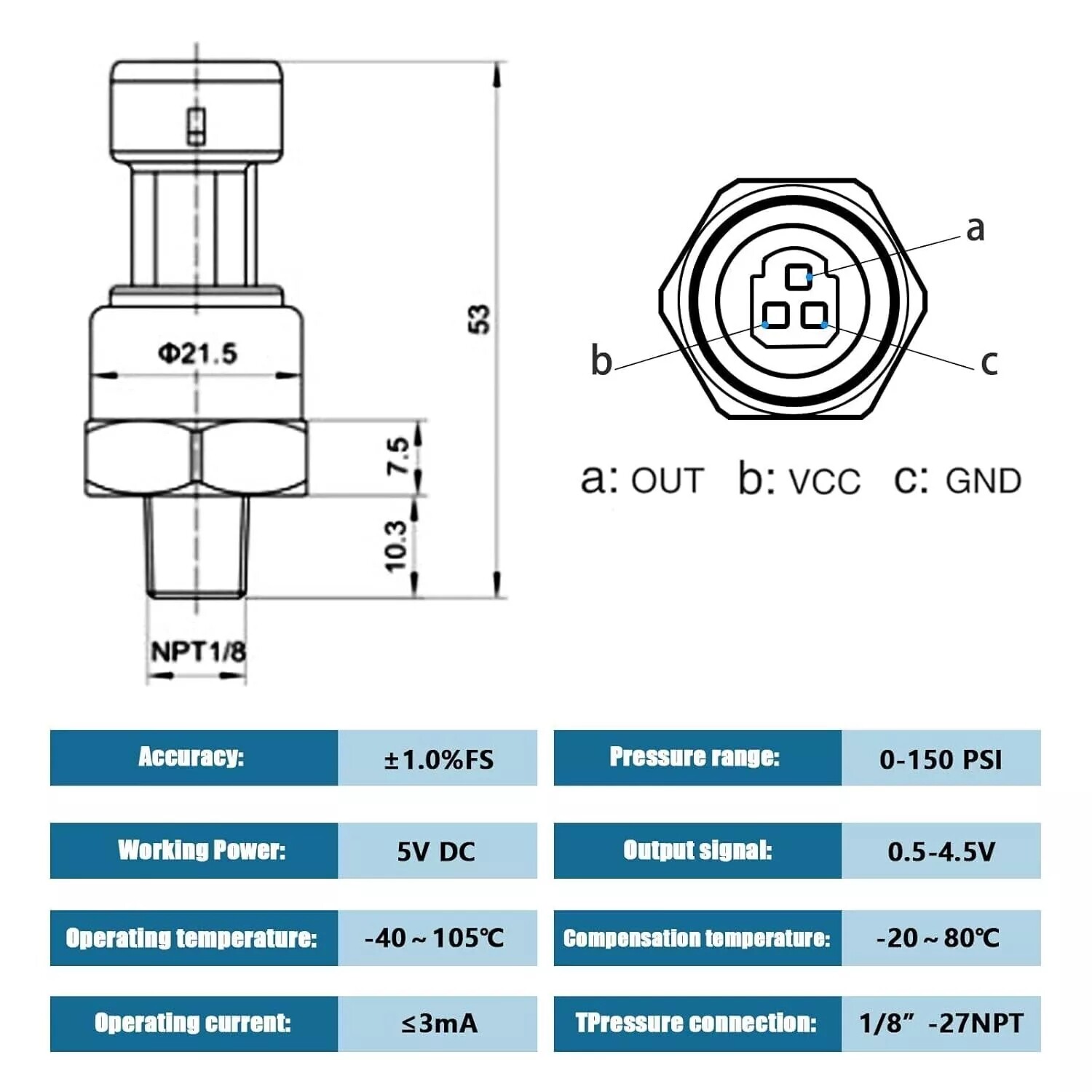 Stainless Steel Pressure Transmitter 1/8″NPT Thread 150 PSI for Fuel Water Air