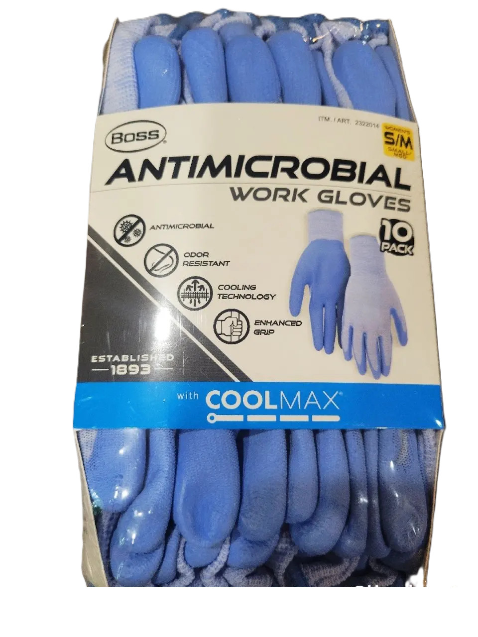 Boss Antimicrobial Women’s Work Gloves with Grip Coating – CoolMax Core (10PK)