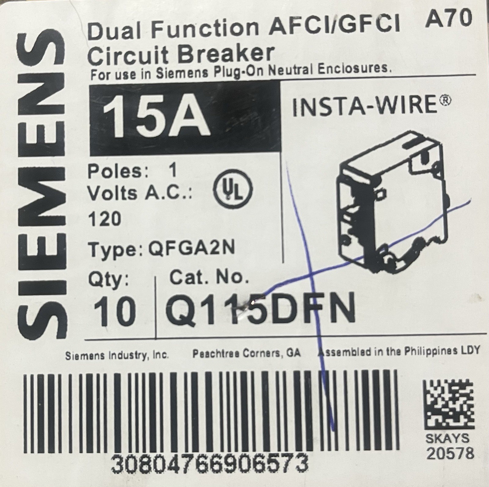 Siemens Q115DFN 15A 120V Plug-In Circuit Breaker