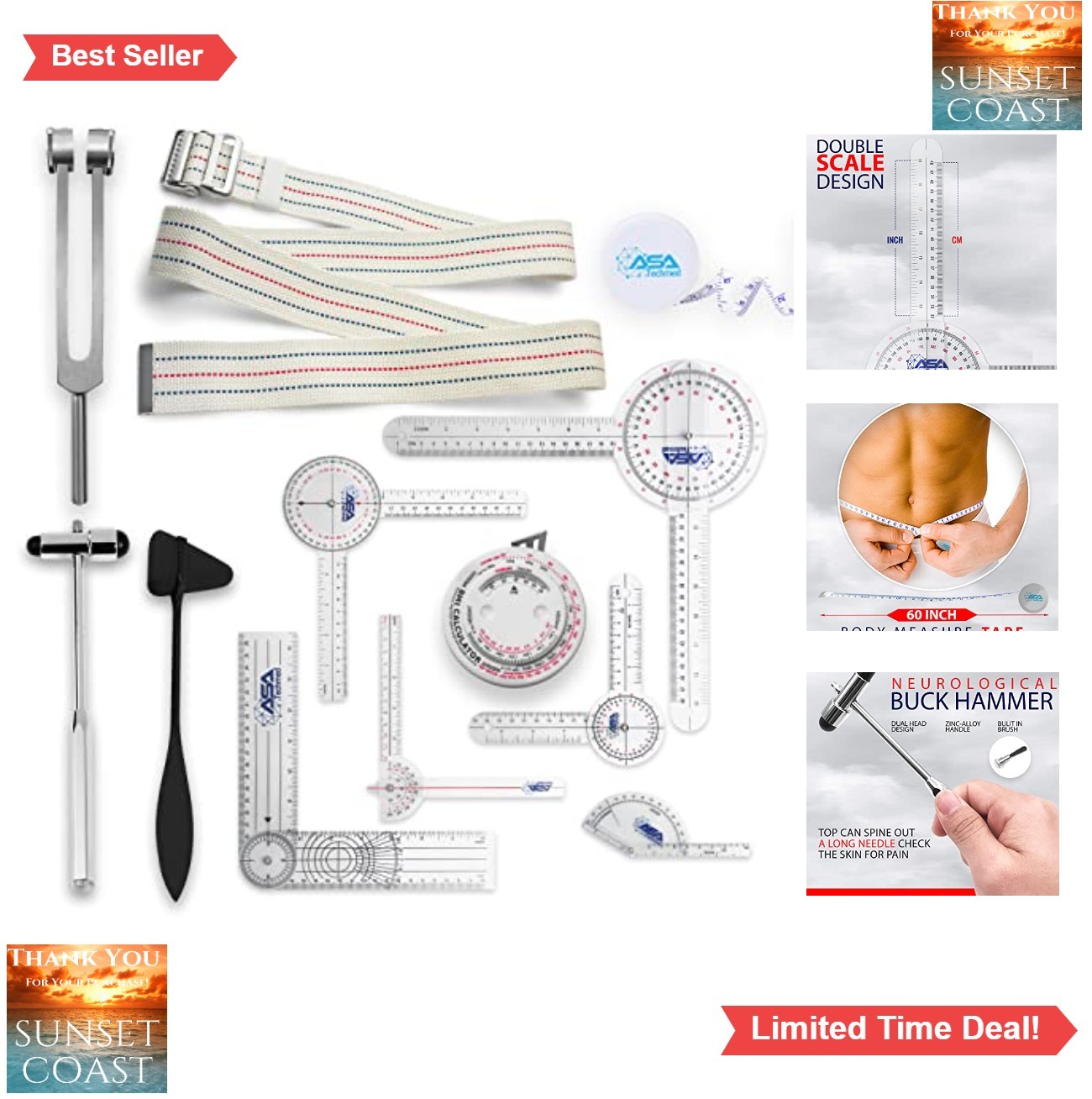 Physical Therapy Goniometer Set 6 Piece 360 Degree Range of Motion Tools Kit