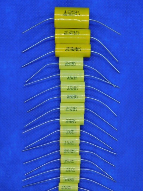 Elecsound – CBB20 – Axial Film Capacitors – 630v 0.001-1.0uF values – 10 Pieces