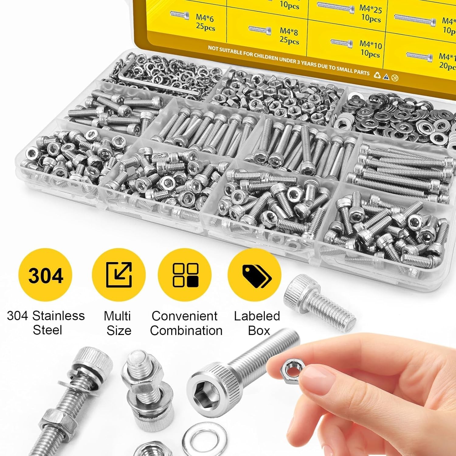 490pcs M4 Screws,Nuts and Washers Assortment kit, M4x6/8/10/12/16/20/25/30 mm He