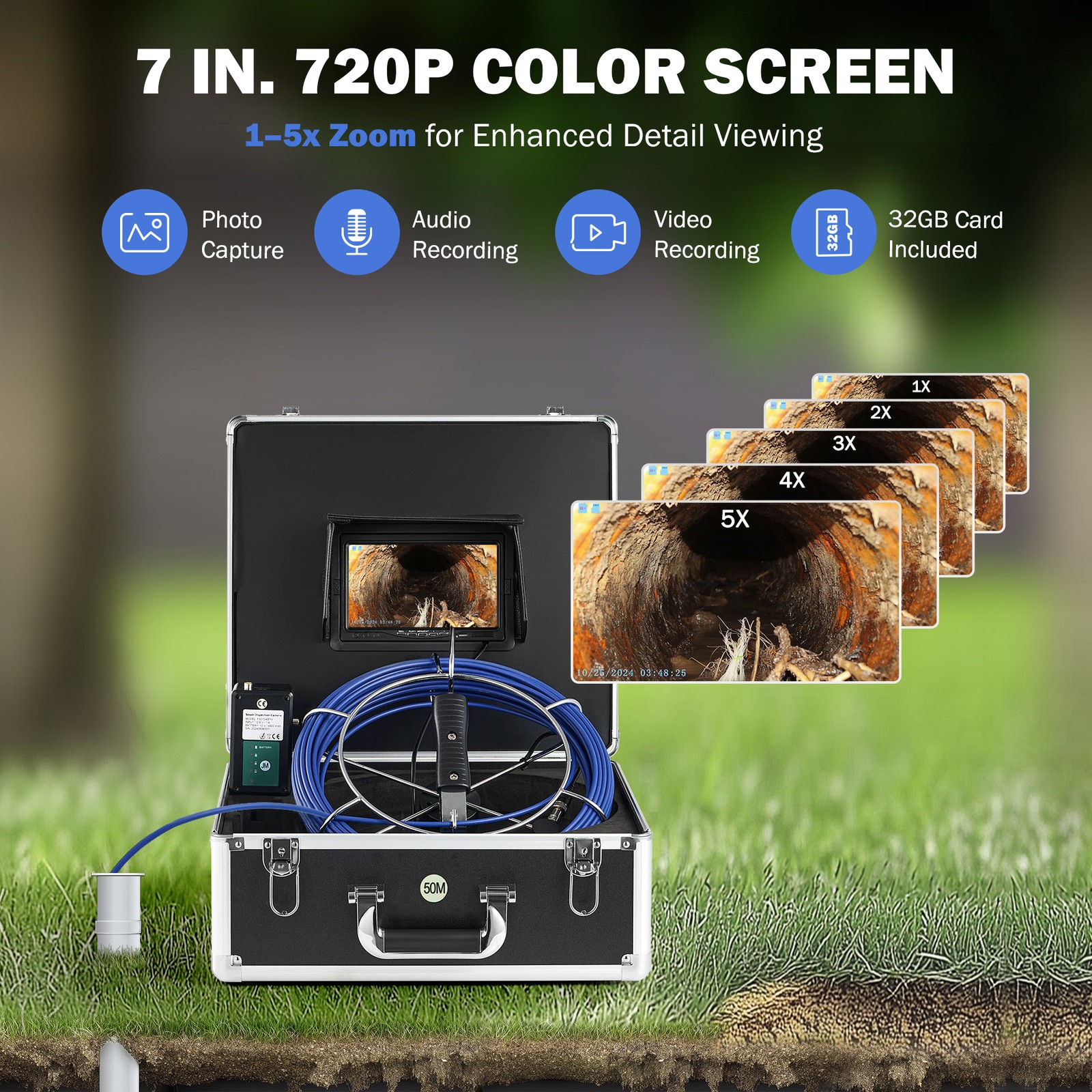 7 in. Self-Leveling Sewer Camera with Locator 164 ft. Cable IP68 Plumbing Camera