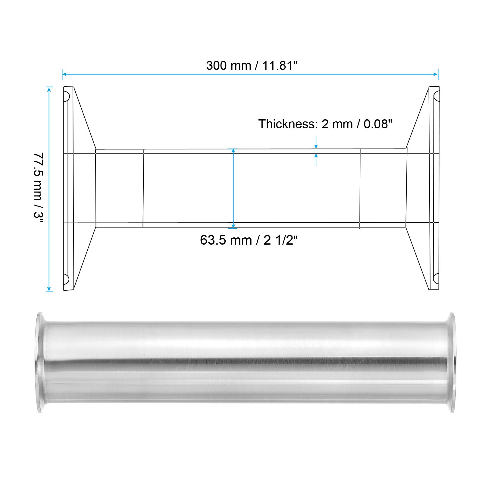 2 1/2 in OD Tri Clamps Tube, Spool Tube with 3 in Clamp Ends,300mm/11.81in