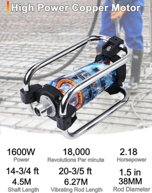 1600W 2HP Electric Concrete Vibrator 18000RPM 14.75Ft Flexible Shaft Handheld