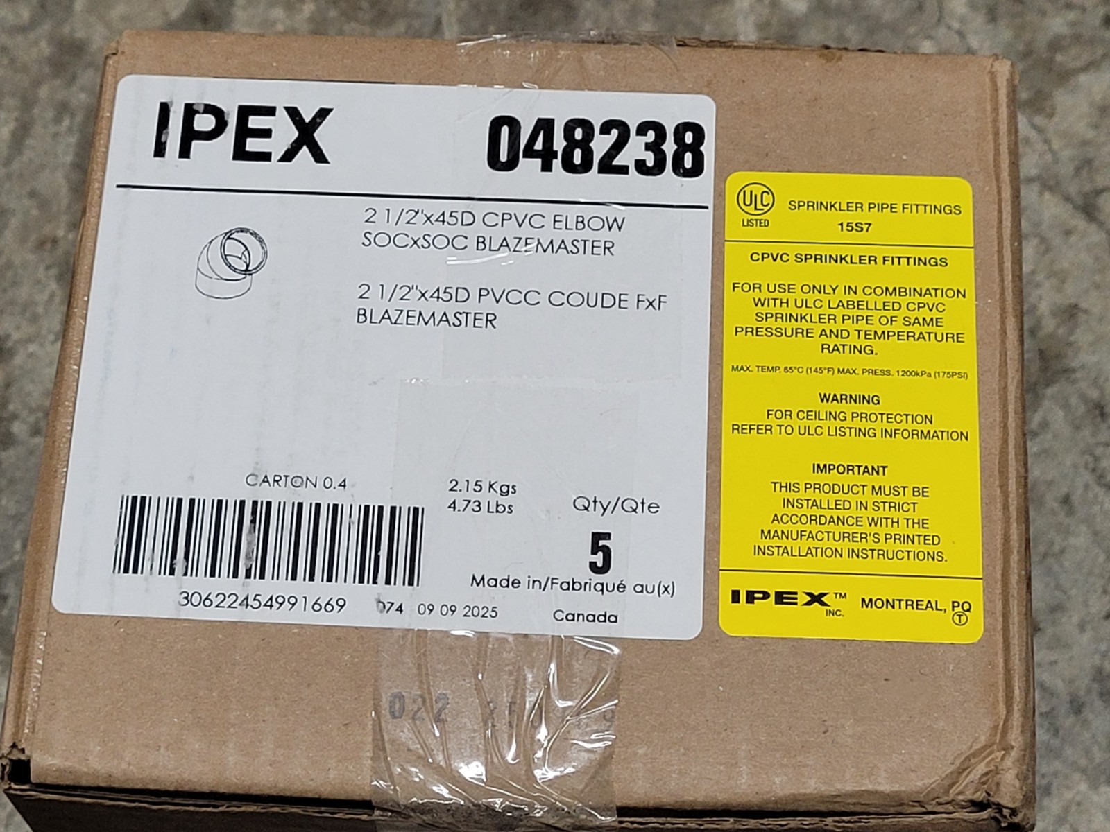 5 Pieces IPEX BlazeMaster 2 1/2’x45D CPVC ELBOW (048238)