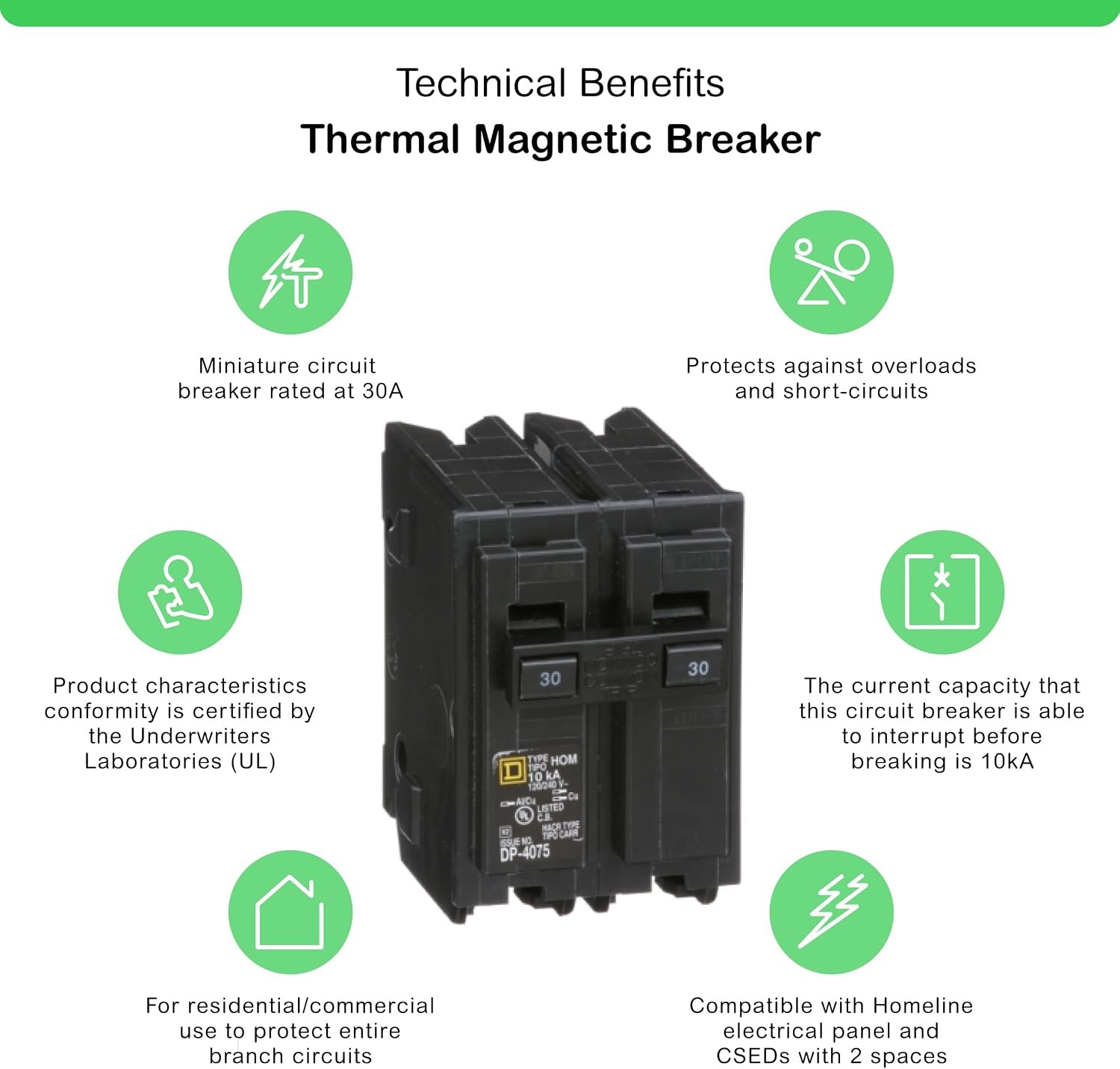 Square D by Homeline 30 Amp Mini Circuit Breaker 2 Pole 120/240V AC 10kA