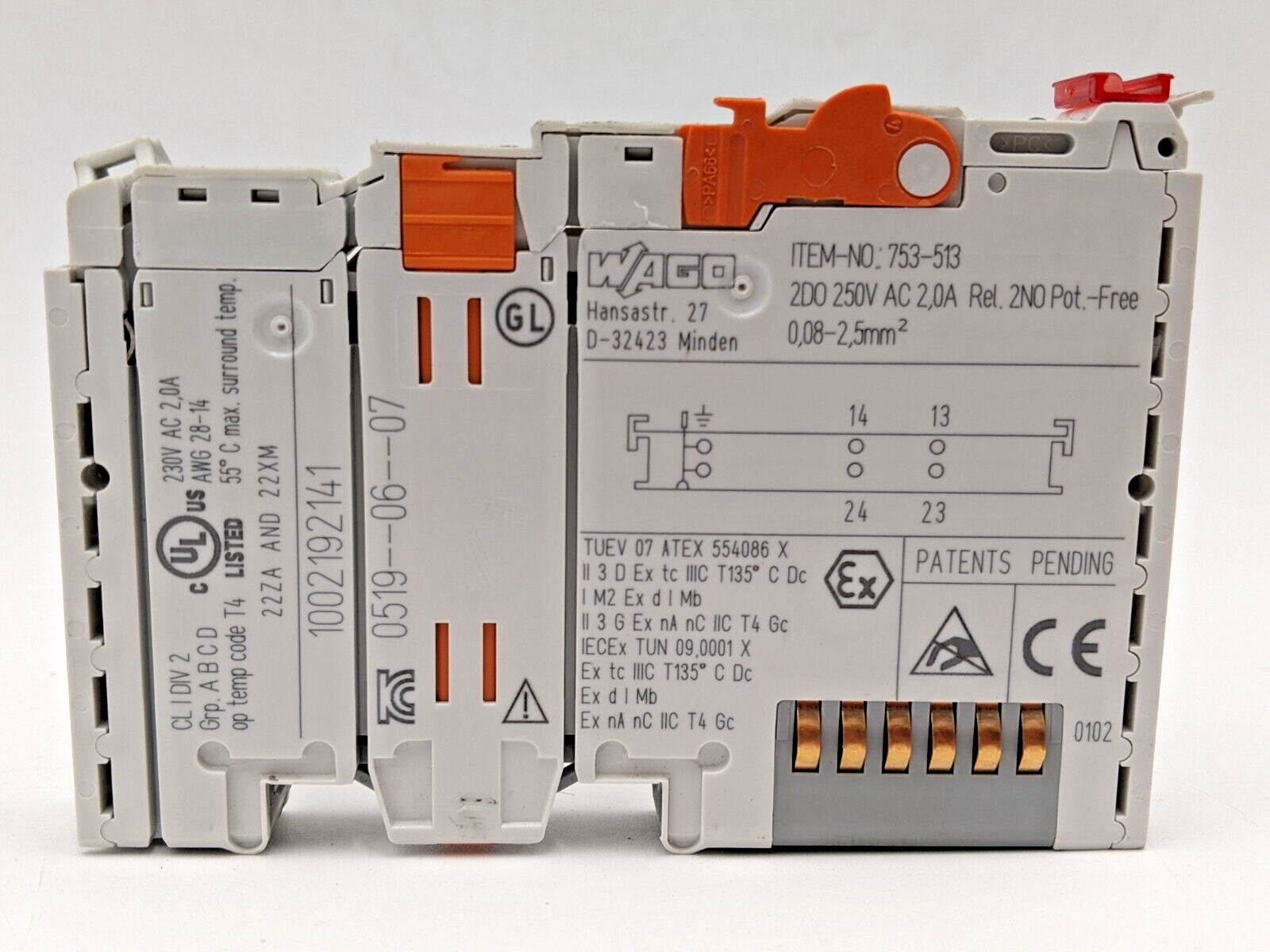 Wago 753-513 Din Rail Mount 2-Channel 2.0 AMP 250V AC Relay Output Module Used