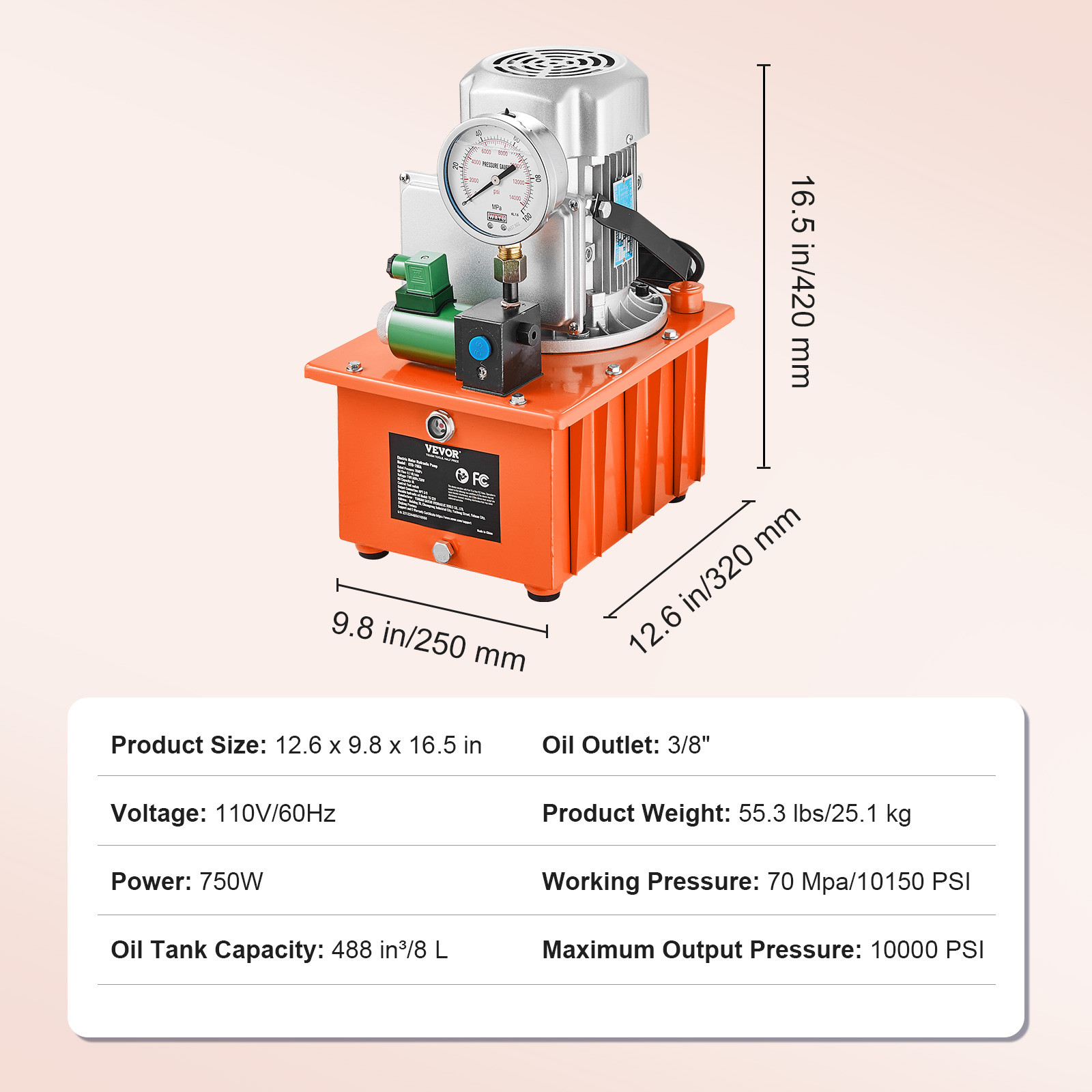 VEVOR Electric Hydraulic Pump Single Acting Oil Pump 10000 PSI 8L Solenoid Valve