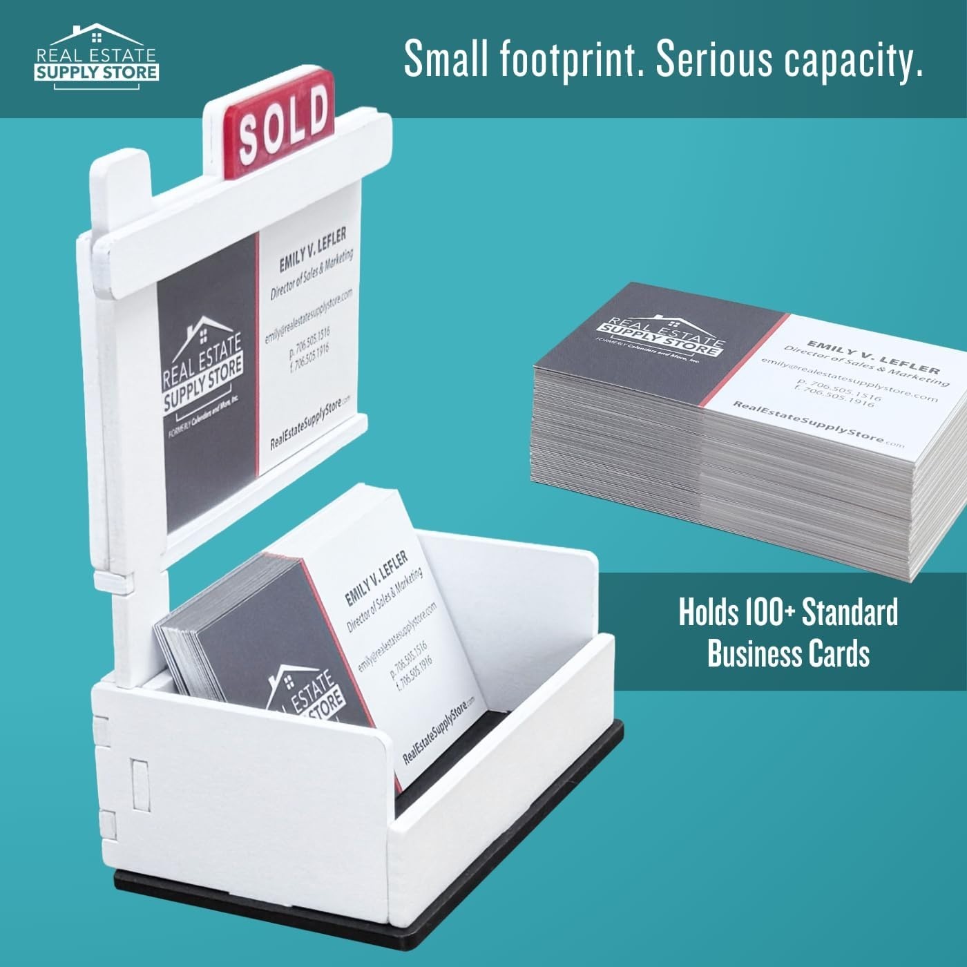 SOLD Sign Business Card Holder with Tray –Wooden Desk Display (Holds 100 Cards)
