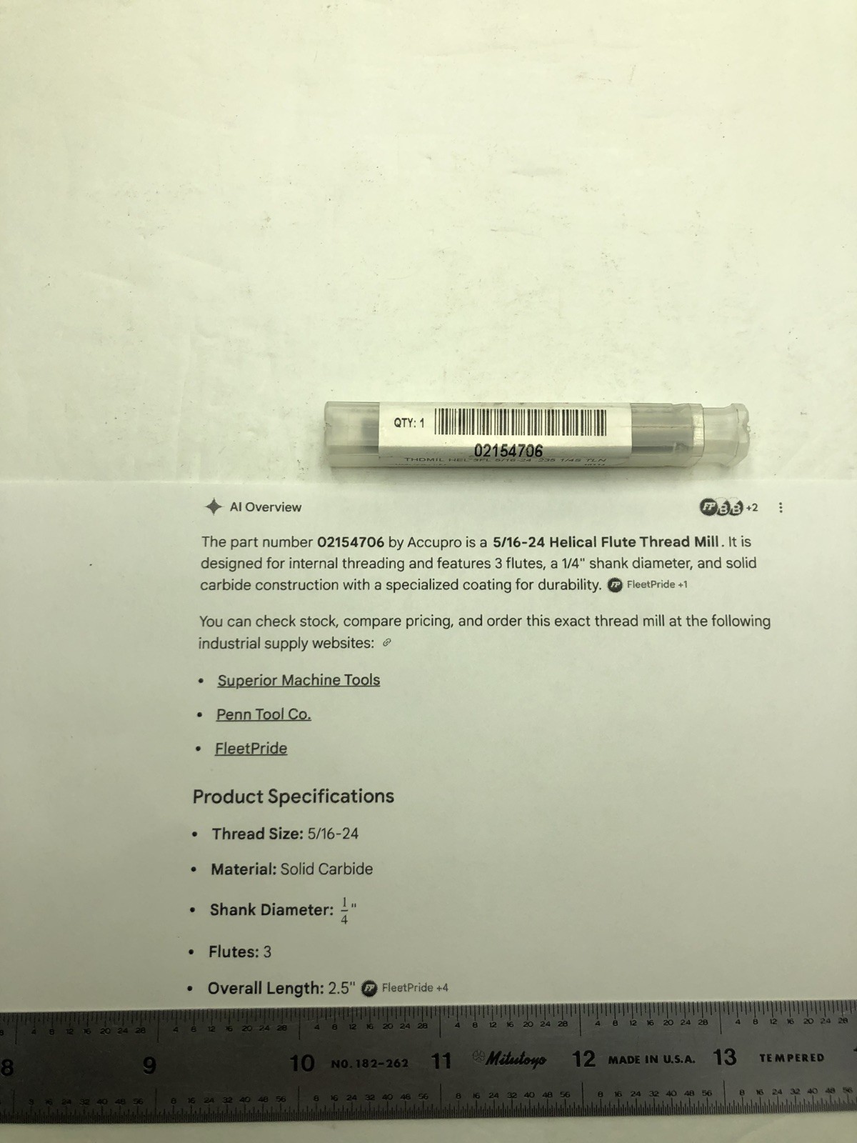 NEW Accupro 5/16-24 UN Solid Carbide Thread Mill – TiAlN Coated EDP#02154706.