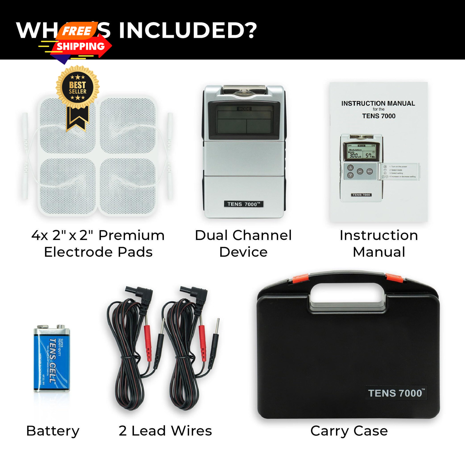 TENS 7000 Digital Unit with Accessories – Muscle Stimulator Black