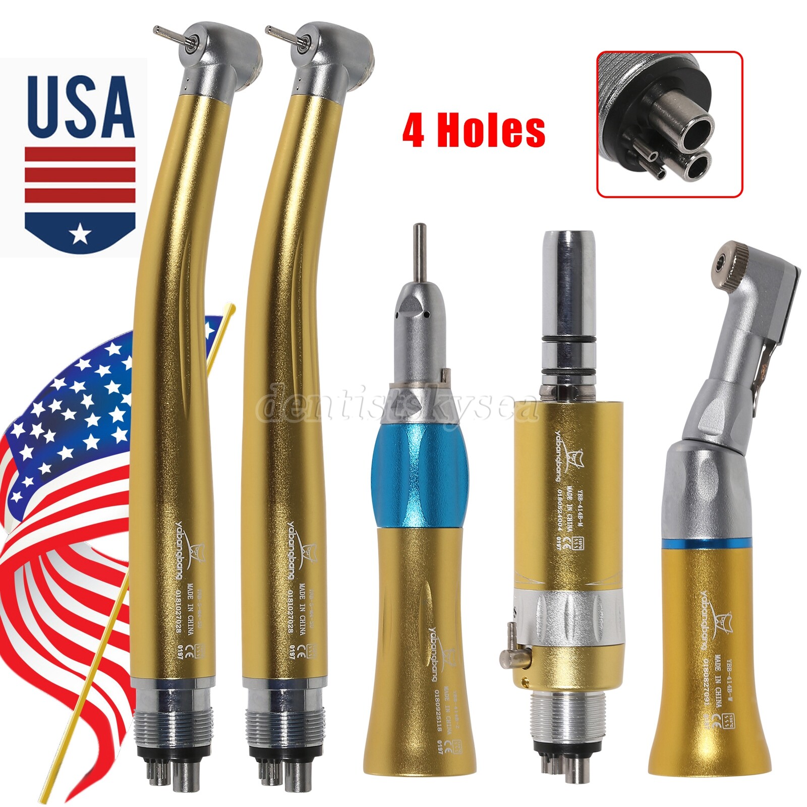 High Speed /Low Speed Handpiece Kit 4Holes Contra Angle Golden Dental