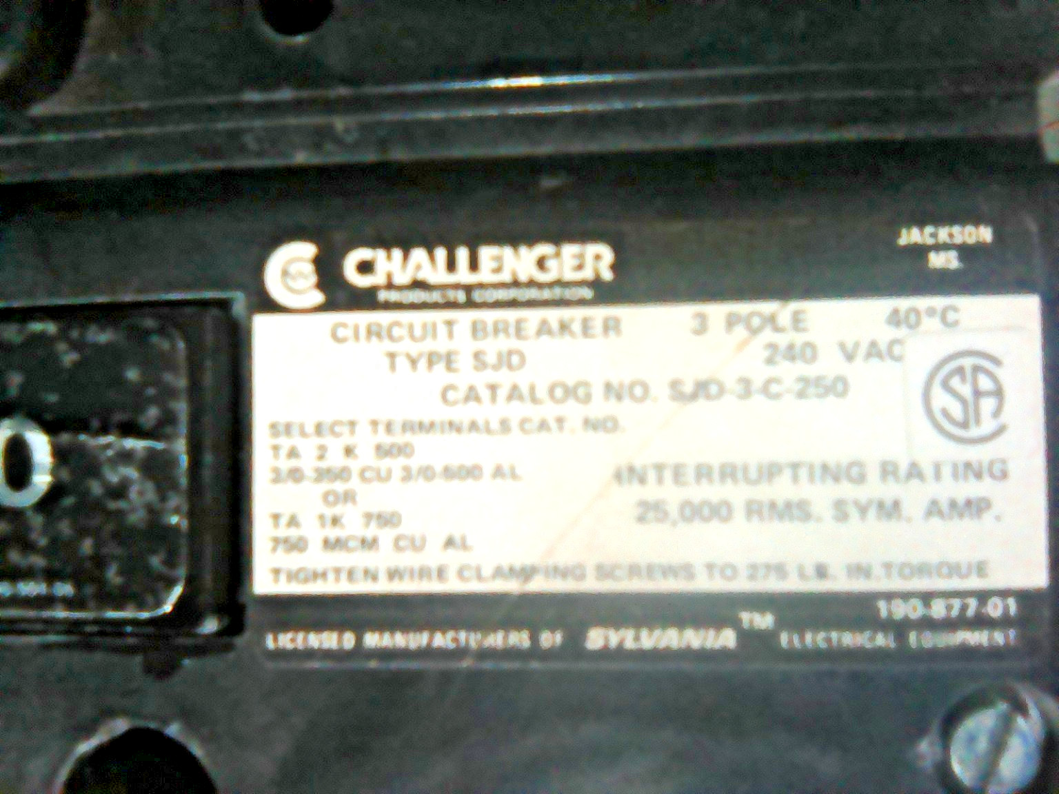 Challenger SJD-3C-250 250 Amp 3 Pole Molded Case Circuit Breaker 240VAC Used