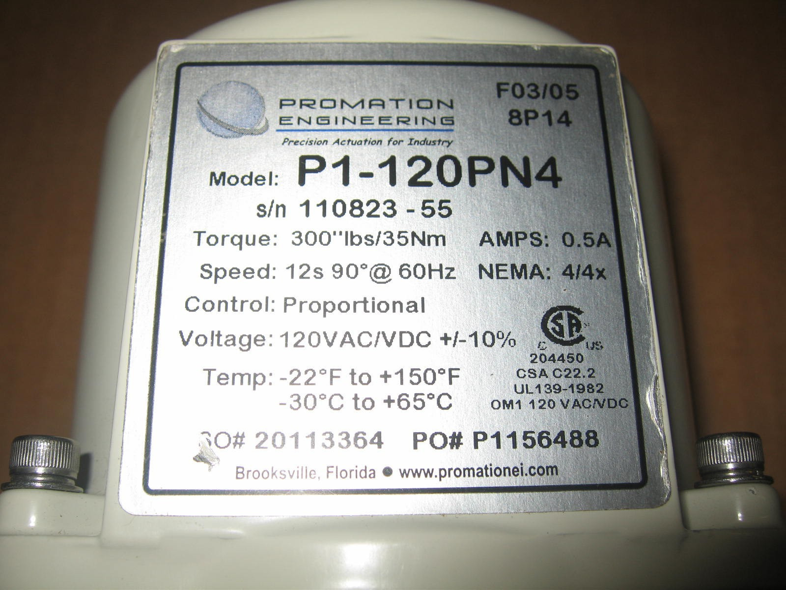 PROMATION ENGINEERING P1-120PN4 Valve Actuator 120VAC 300in-Lbs 35Nm
