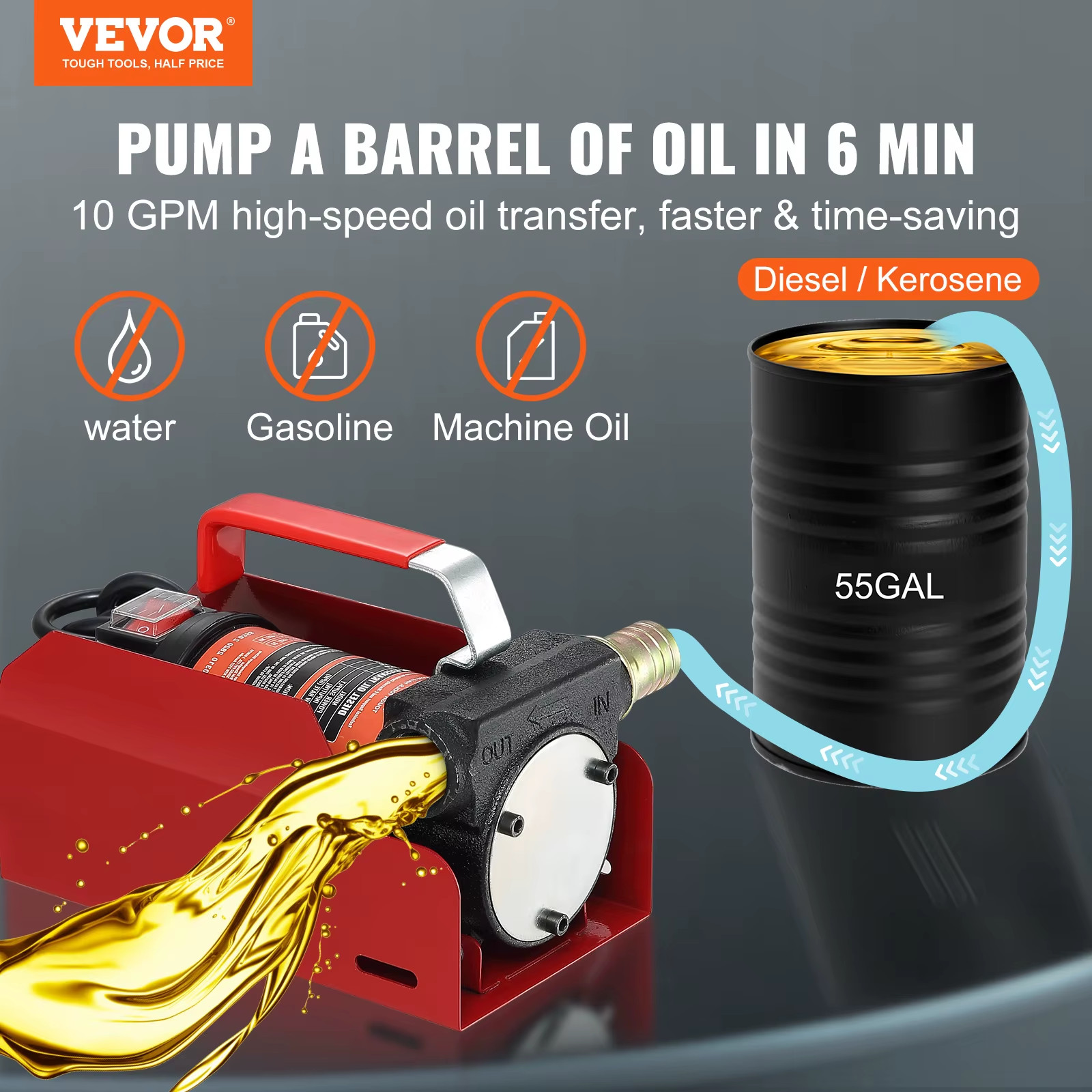 Diesel Fuel Transfer Pump Kit 12V 10GPM with Automatic Shut-Off Nozzle Hose Port