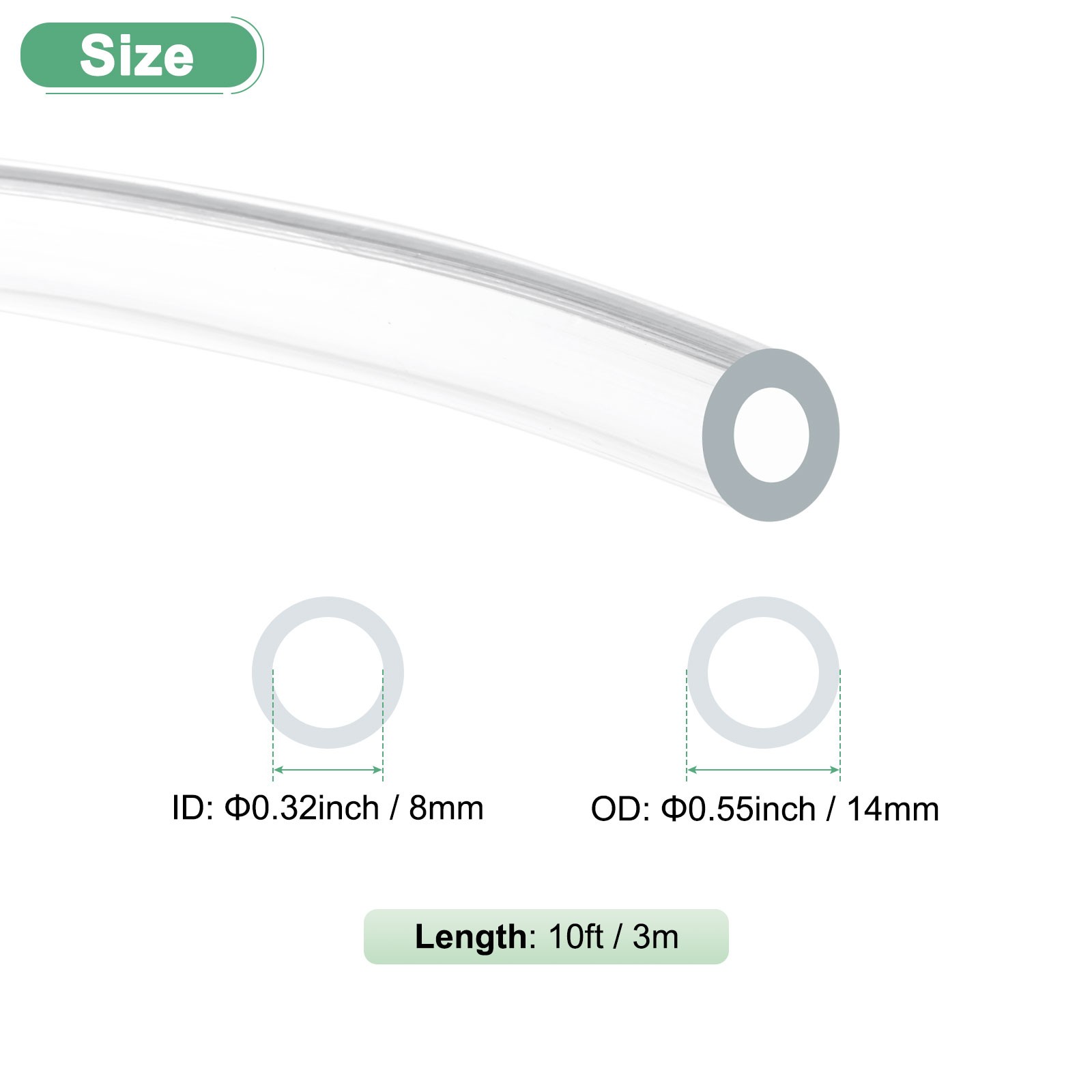 Clear Plastic Tubing, 0.32Inch(8mm) ID 0.55Inch(14mm) OD, 10ft(3.0m) Length