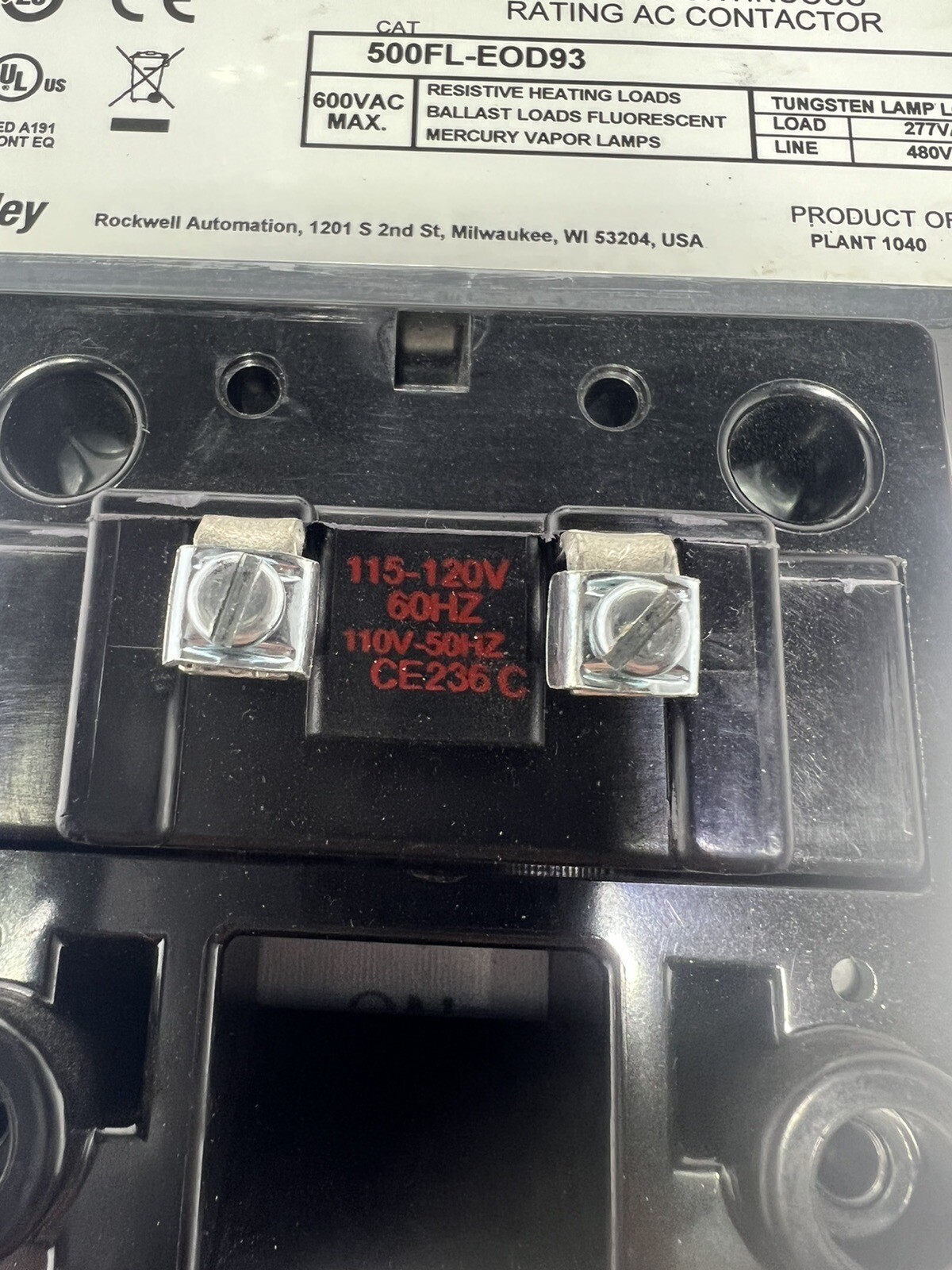 AB Allen Bradley AC 200a Contactor 500FL-EOD93 200a 480/277v 120v Closing Coil