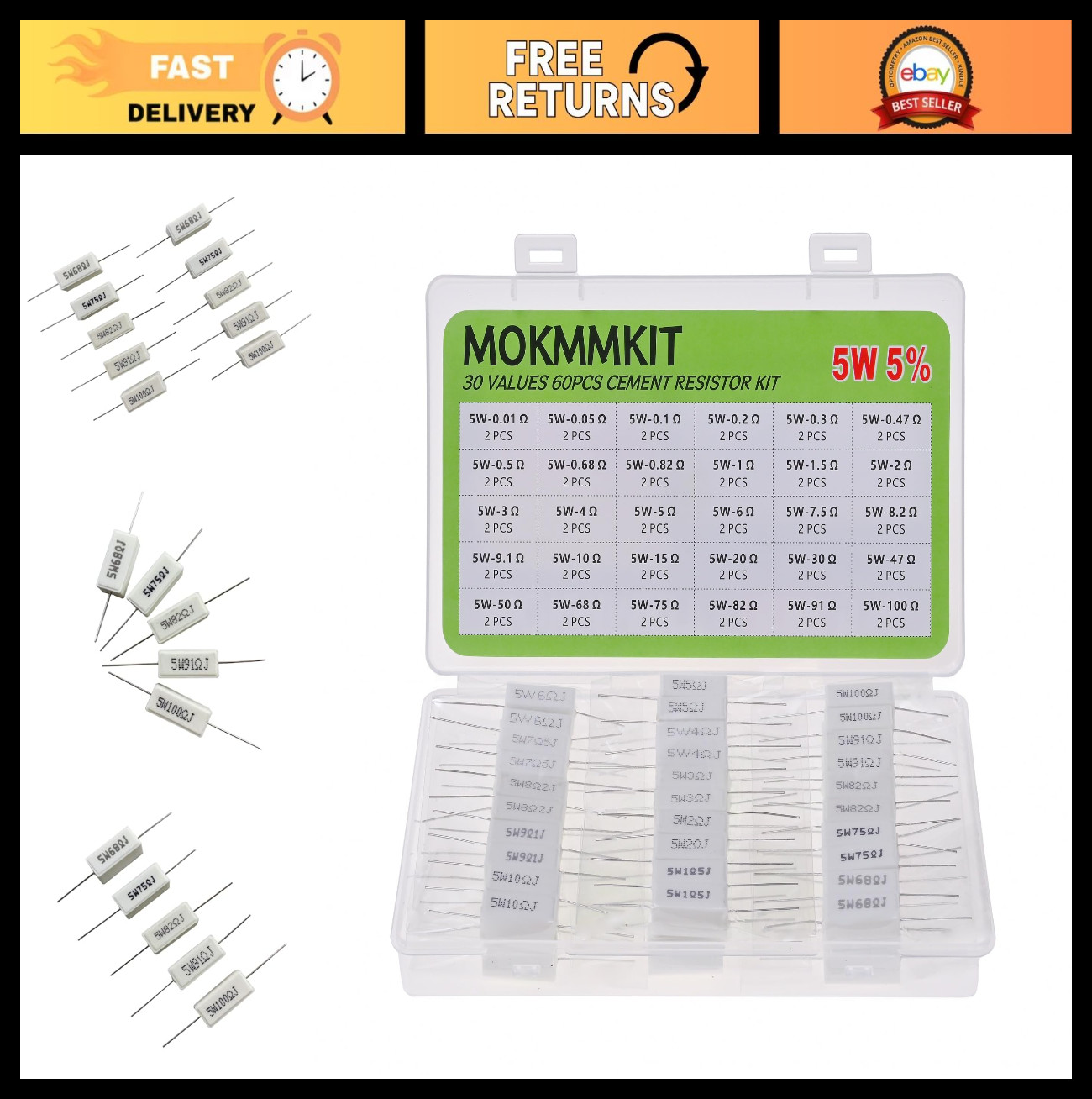 60-Piece Ceramic Cement Resistor Kit – 5W Power Resistors (0.01Ω – 100Ω) ±5%