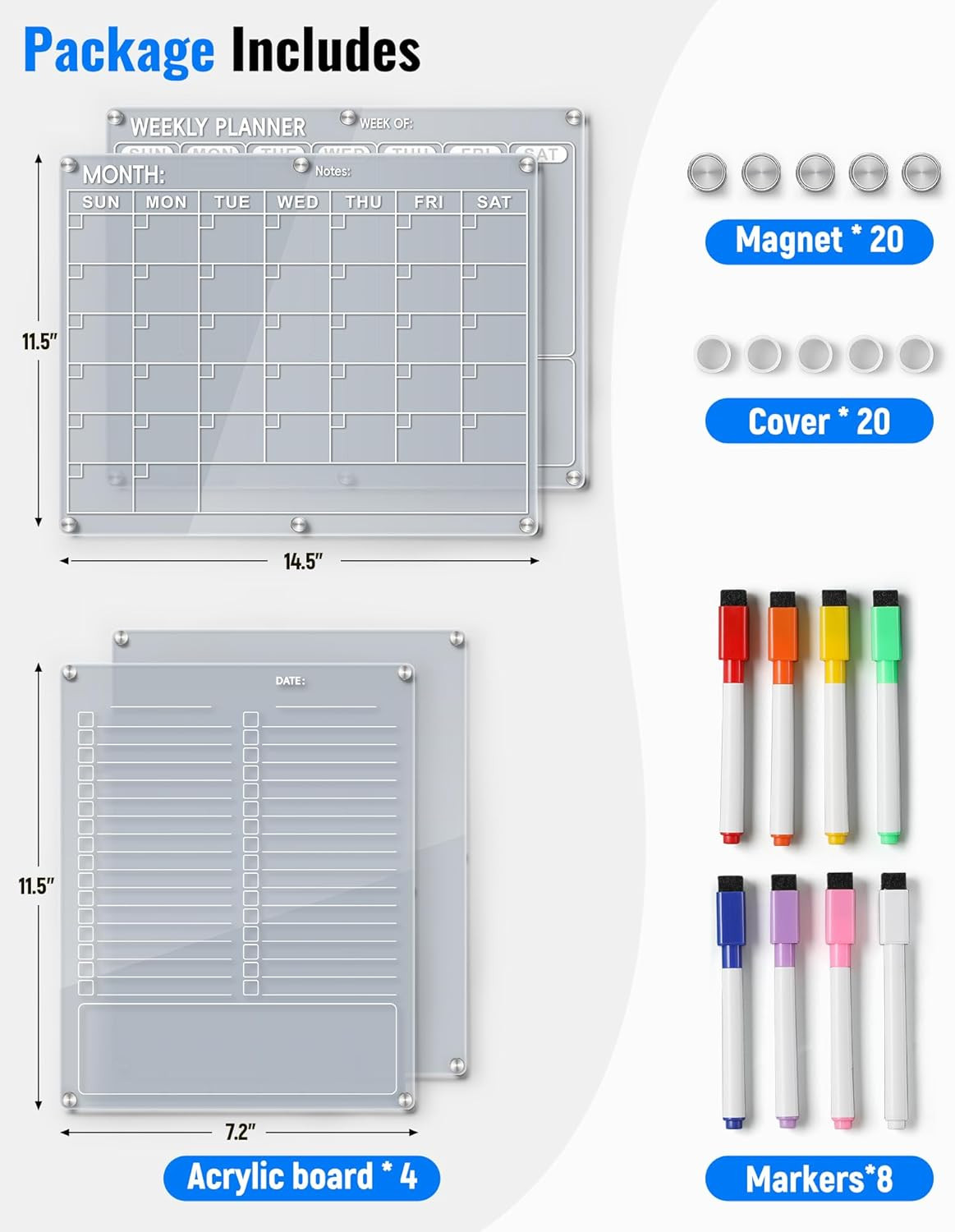 4 Pack Acrylic Magnetic Calendar for Refrigerator Set, Clear Monthly Weekly Dail