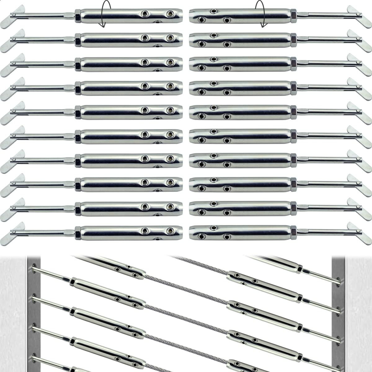 Adjustable Swageless Tensioners for 3/16″ Stainless Steel Cable Railing, 10 Pair