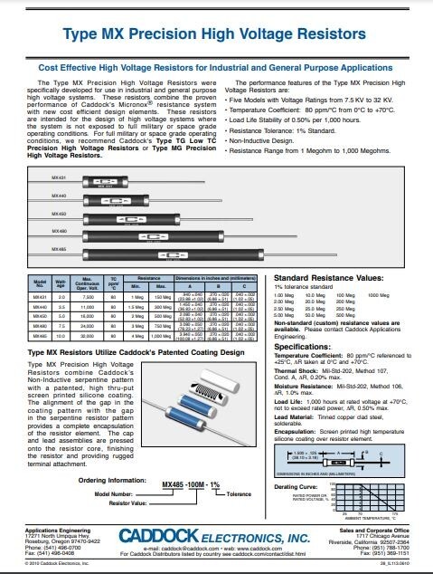 Caddock Precision HV Resister, MX450-100M-1%, 100 Mohm, 5W, 16kV, 80 ppm – New