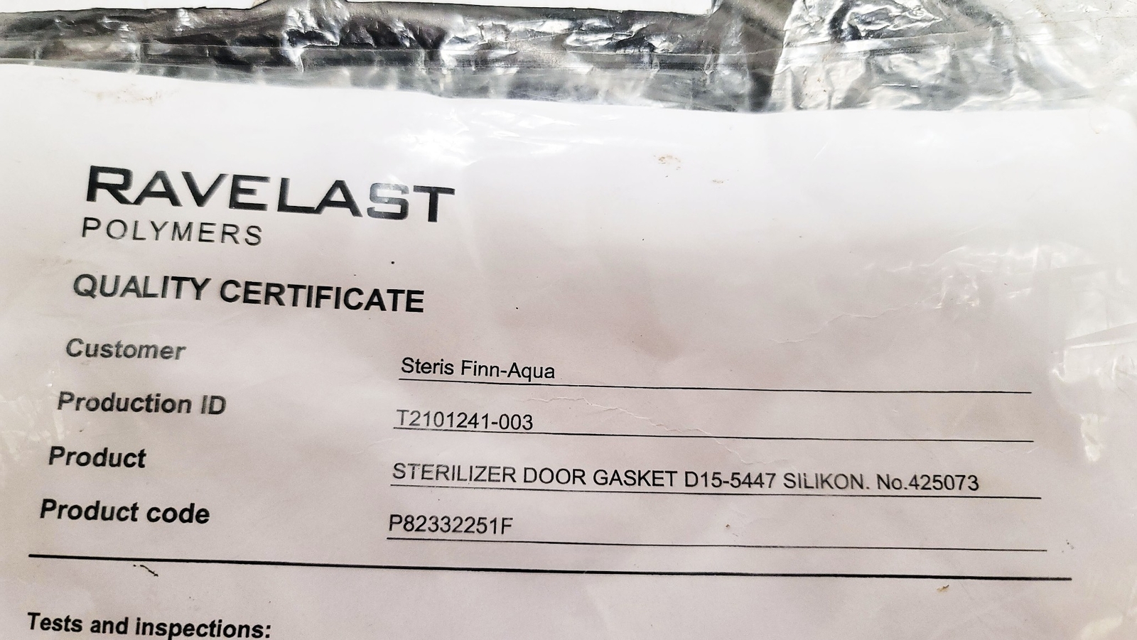 Ravelast Polymers STARIS Finn-Aqua Sterilizer Door Gasket P82332251F Silicone