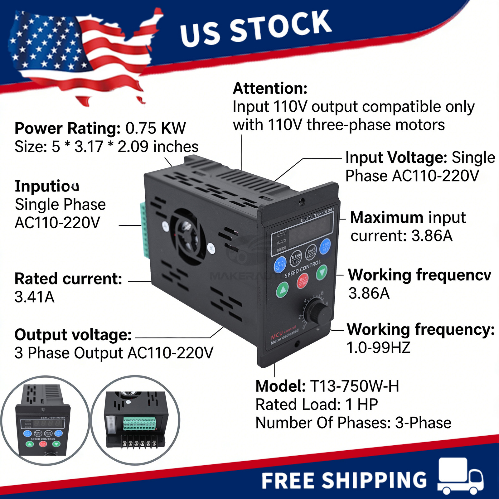 Single To 3 Phase 750W 1HP 110/220V Variable Frequency Drive Inverter VFD/VSD
