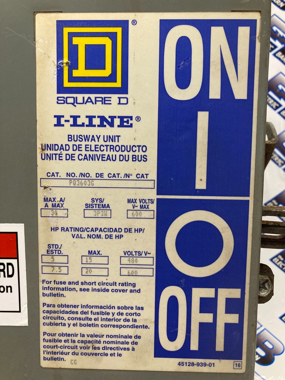 Square D PQ3603G Busplug 30 Amp 600 Volt 3PH 3W+G Vertical ILINE -WARRANTY