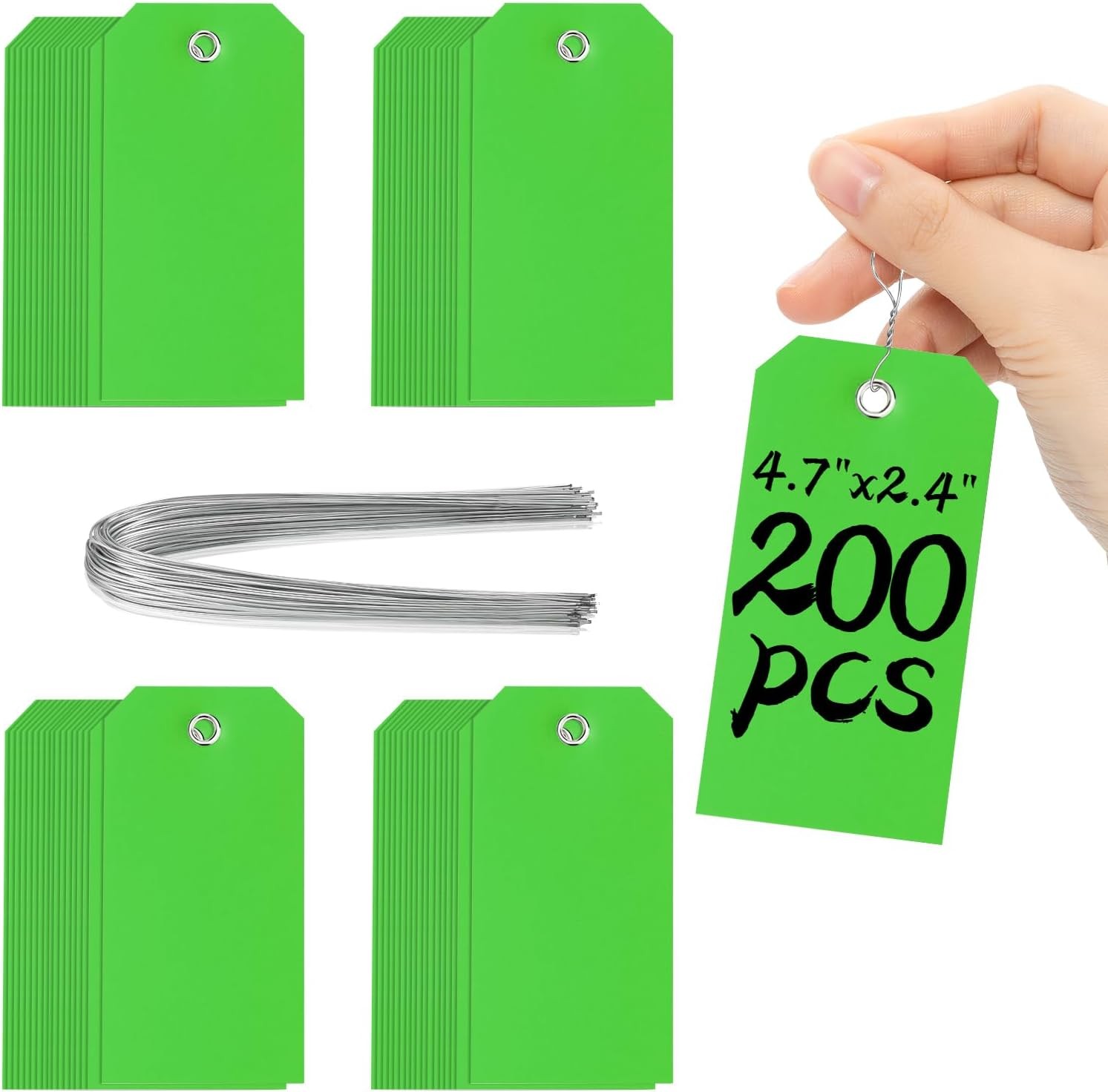 200 Pieces 4 3/4″ x 2 3/8″ Green Tags with Wire Plastic Hang Tags for Labelin…