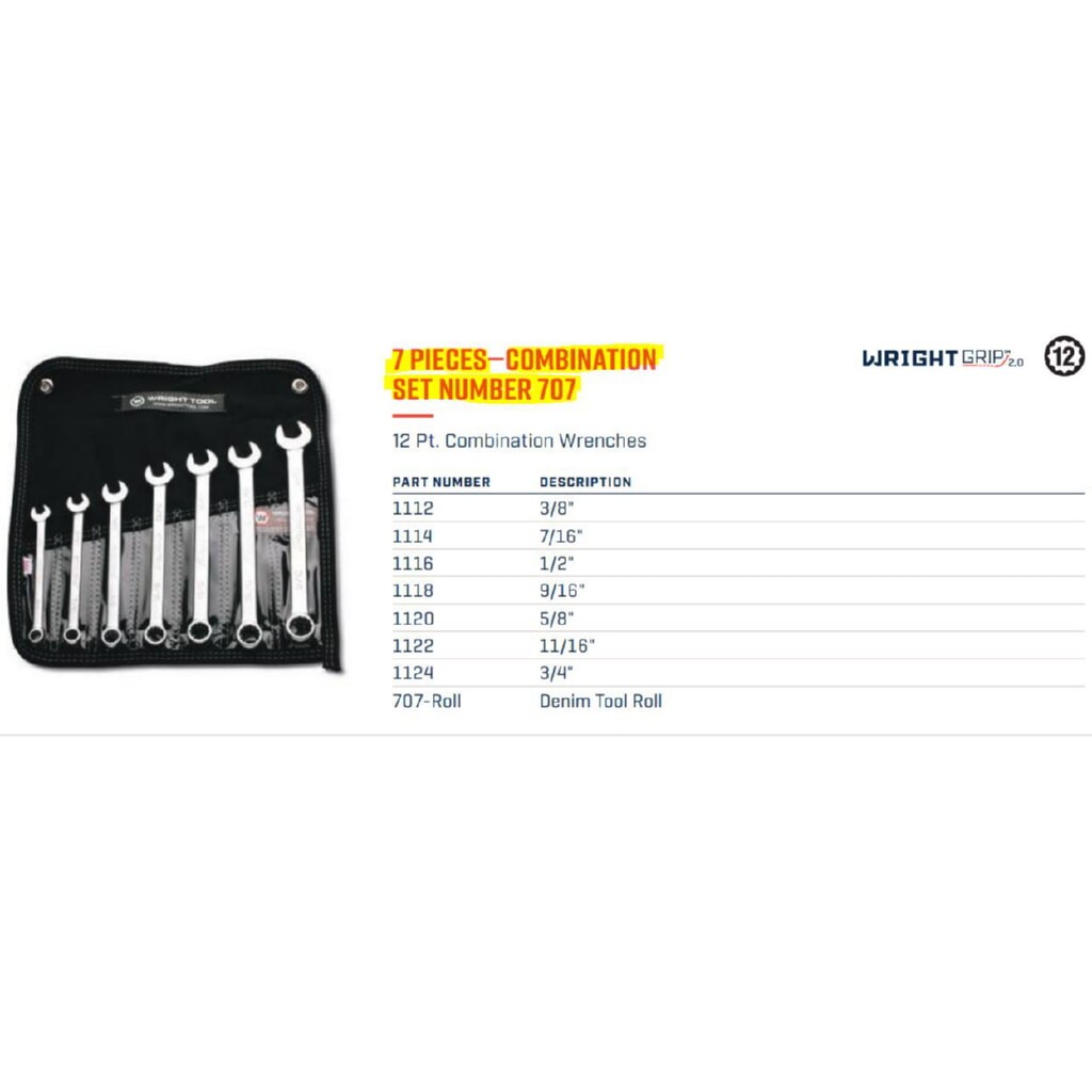 Wright Tool 707 Satin Combination Wrench Set 7-Pieces 12 Point SAE in Denim Roll