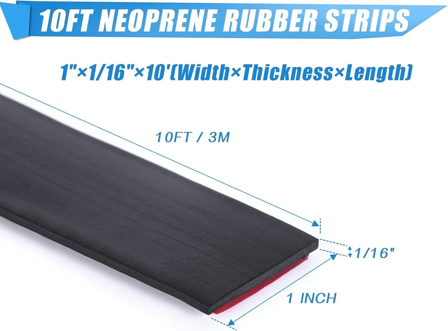 1 in x 1/16 in x 10 ft Adhesive Rubber Strip Neoprene Self-Stick Seal