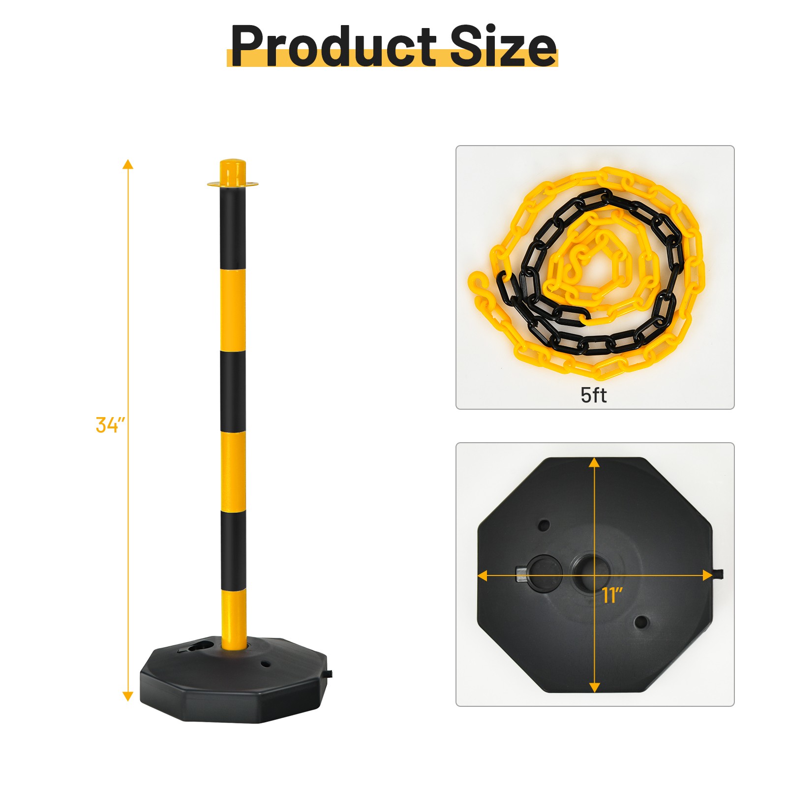 Costway 6 Pack Traffic Delineator Poles 34″ Barrier w/5FT Chains & Fillable Base