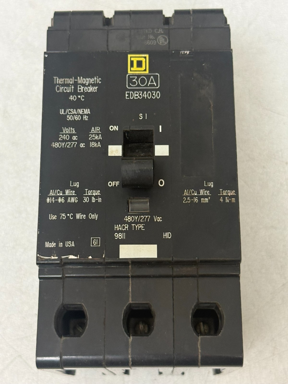 Square D EDB34030 30A 3 Pole Circuit Breaker 480Y/277V 30 Amp