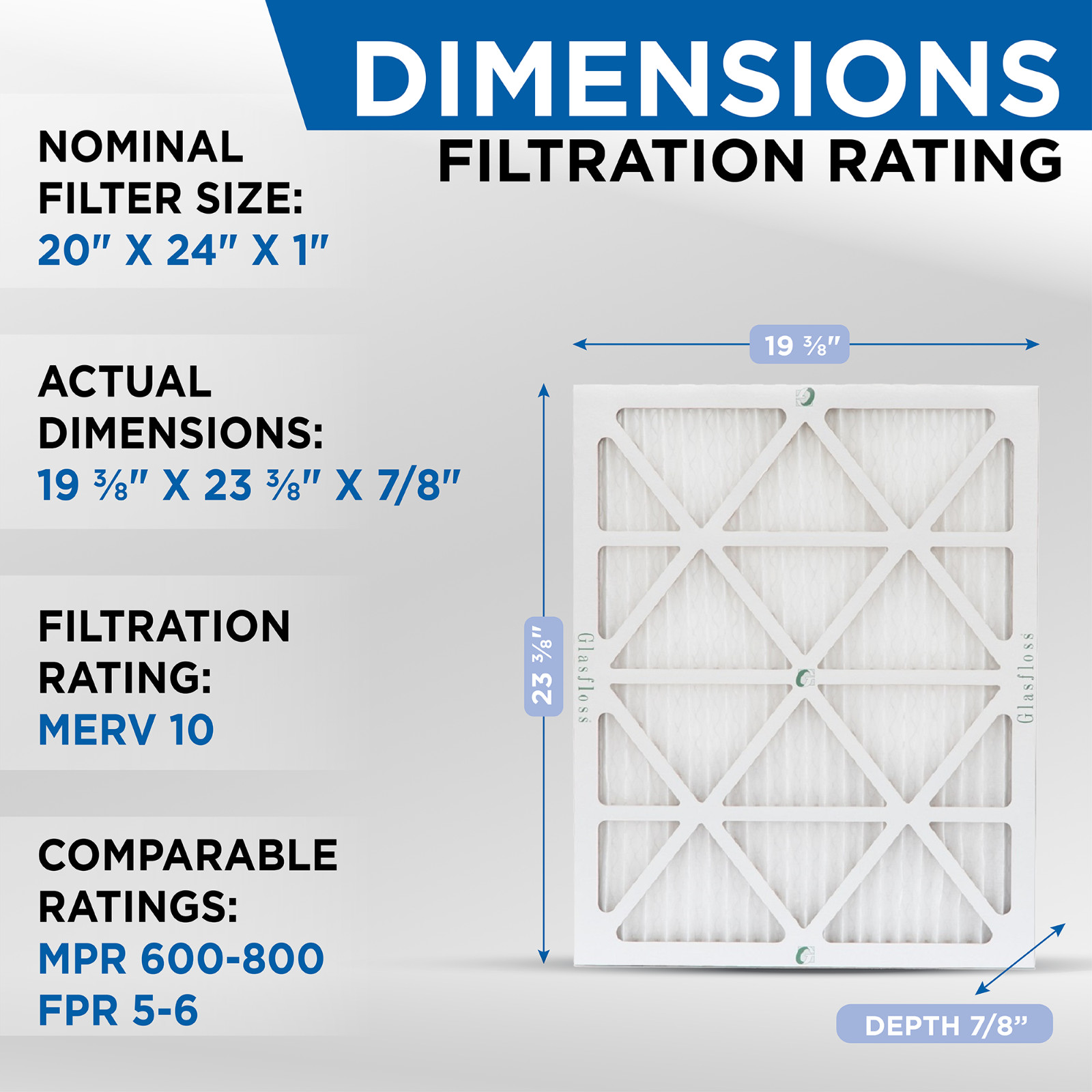 20x24x1 MERV 10 Pleated Air Filters. 12 PACK. Actual Size: 19-3/8 x 23-3/8 x 7/8