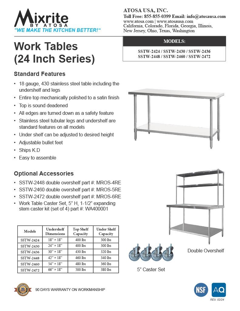 Atosa SSTW-2436 — 24″ x 36″ STAINLESS STEEL Worktable