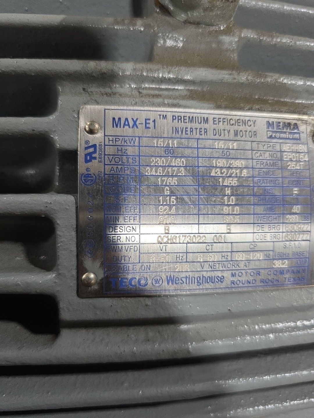 NEW TECO 15 HP FOR HAZ LOCATIONS / EP0154 230/460 VOLT 1765 RPM 254T FRAME