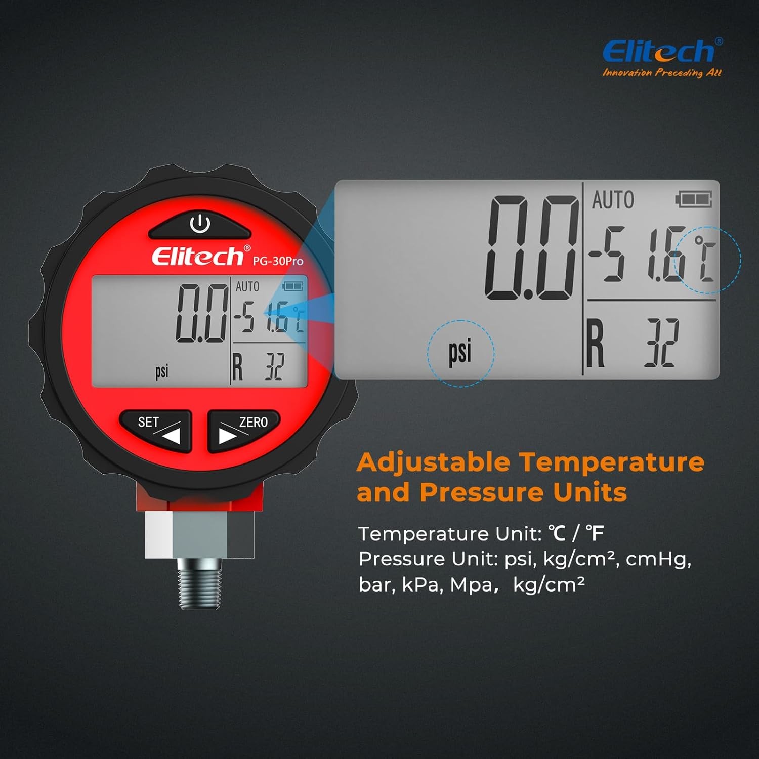 Elitech PG-30Pro Red Refrigeration HVAC Digital Pressure Gauge 87+ Refrigerants