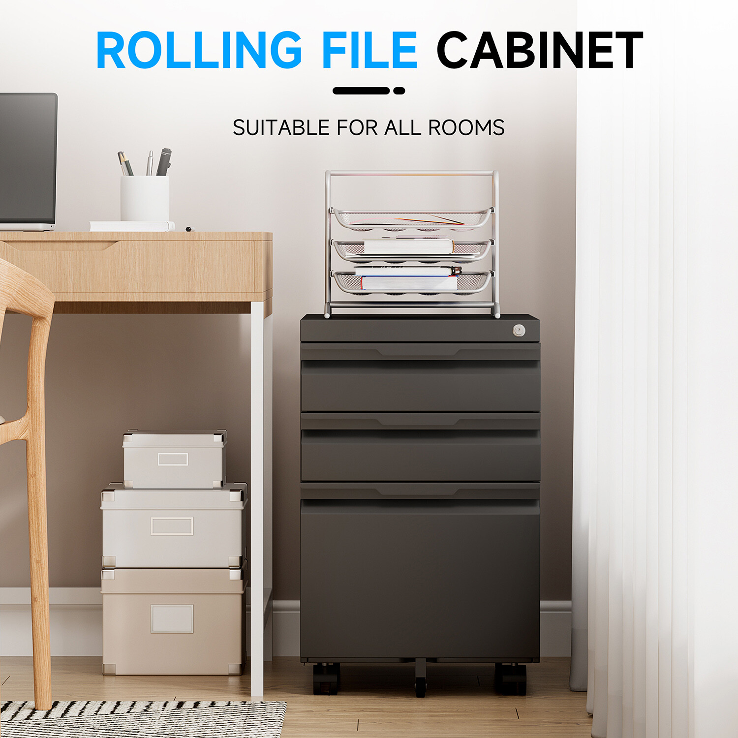 3 Drawer File Cabinet with Lock,Office Under Desk Rolling Filing Cabinet Storage