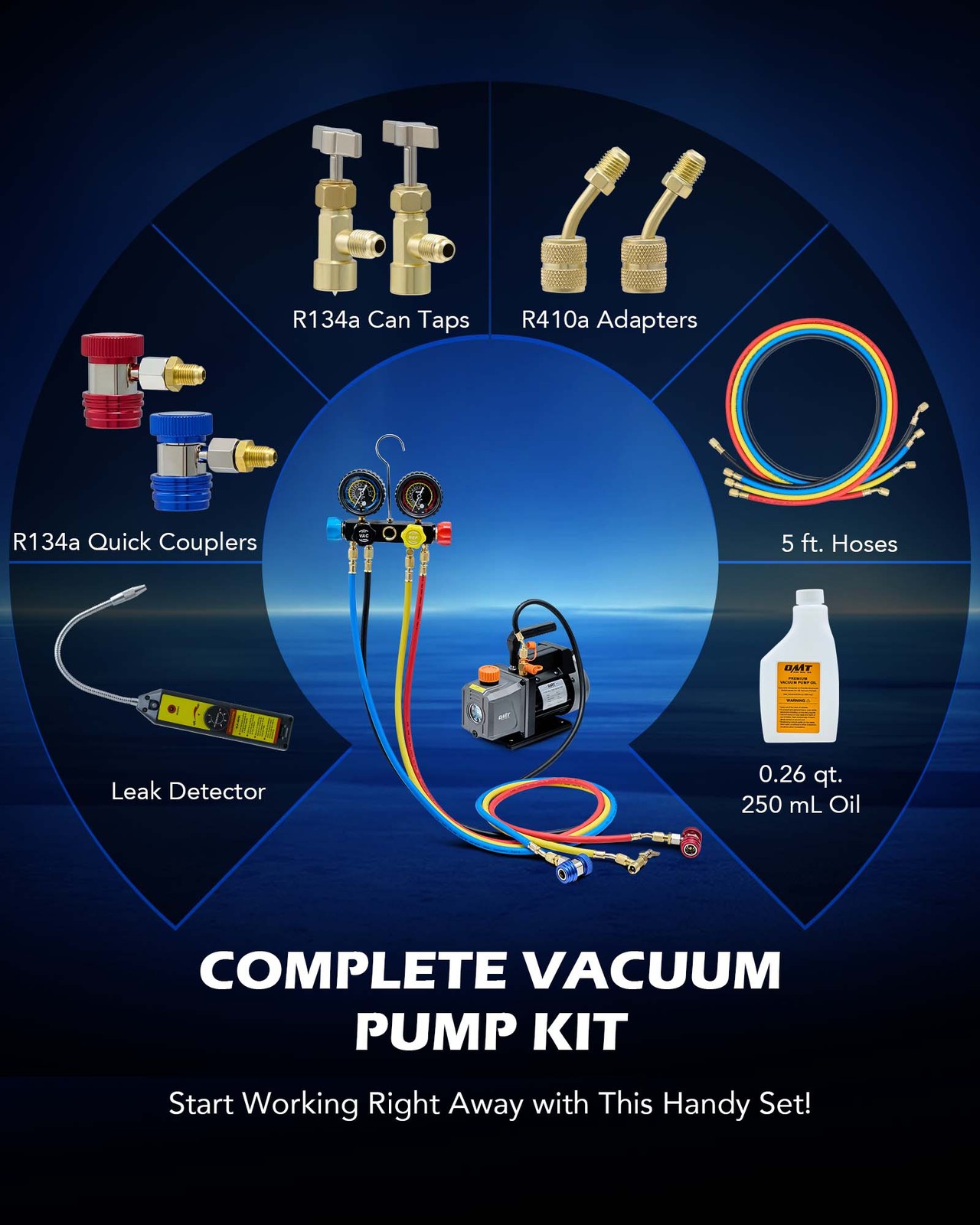 OMT 4CFM 1/3HP Vacuum Pump HVAC Refrigeration Auto AC w/ Manifold Gauge Set &Bag
