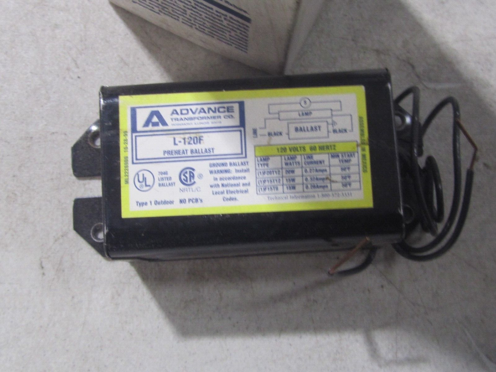 NEW Advance Transformer Ballast L120F 120 Volts 60 Hertz Preheat Lamp Ballast