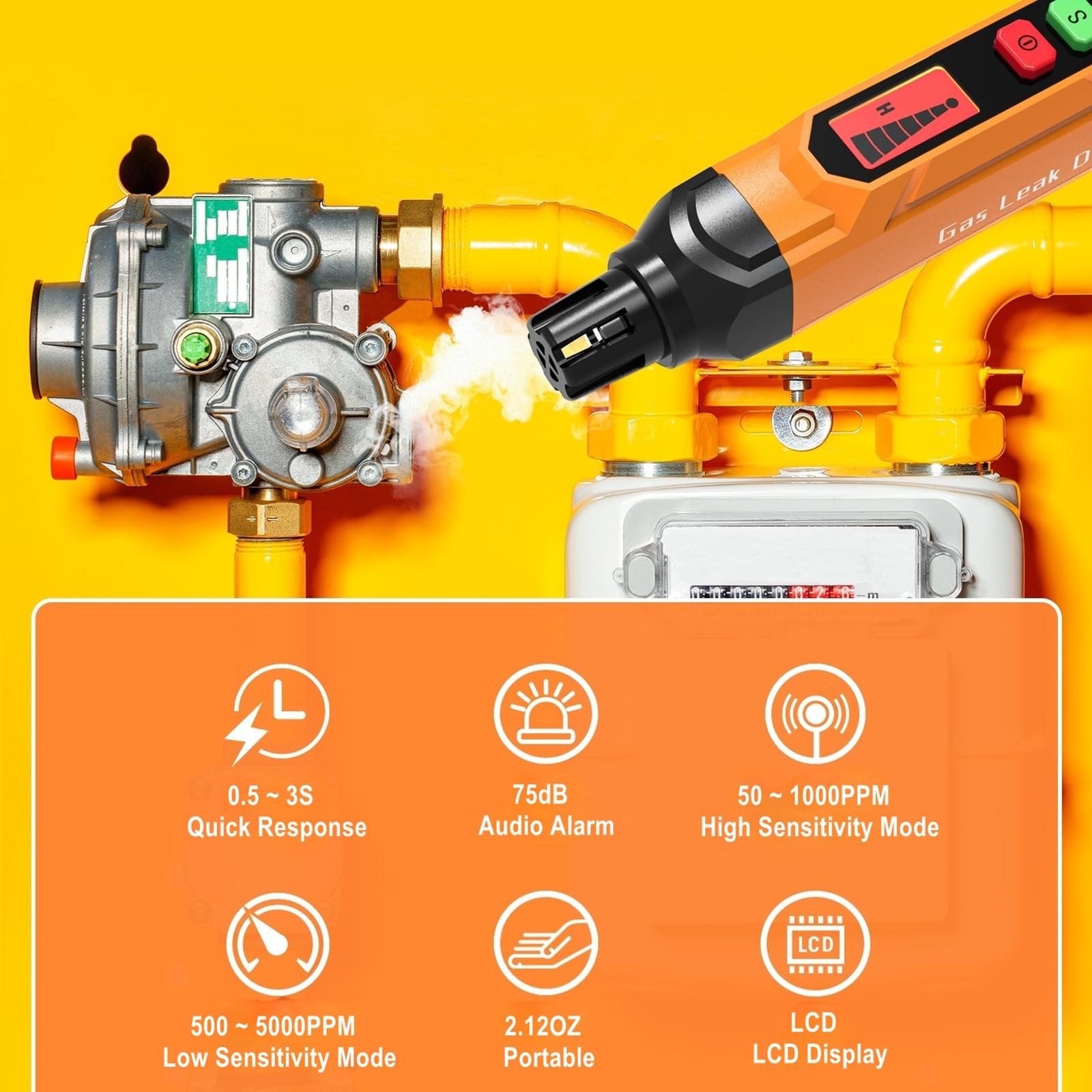 PT202 Natural Gas Leak Detector with Audible & Visual Alarm, Portable Gas Det…