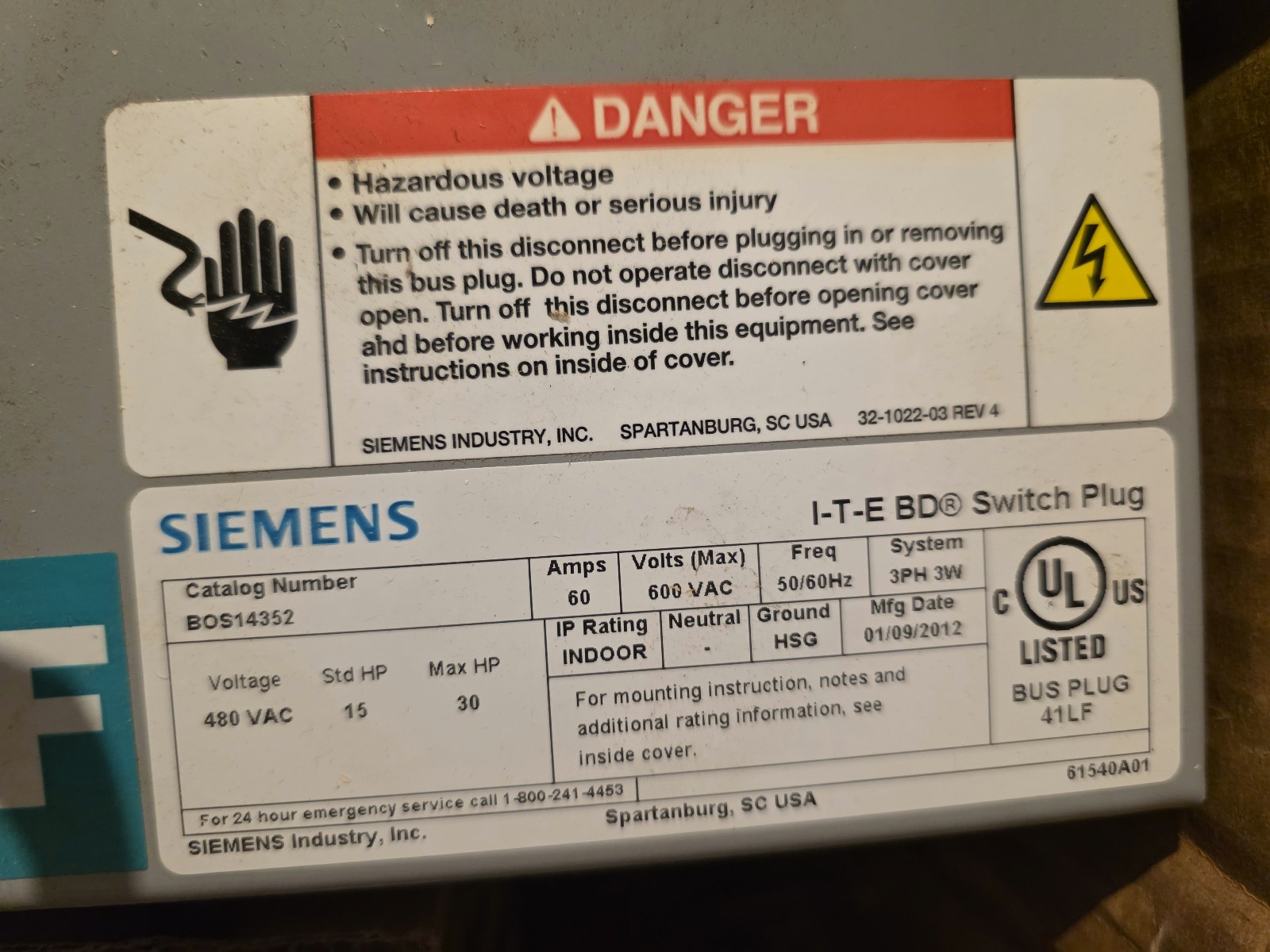 New ITE BD Siemens BOS14352 60 AMP 600V AC 3PH 3W Fusible Class J Bus Plug