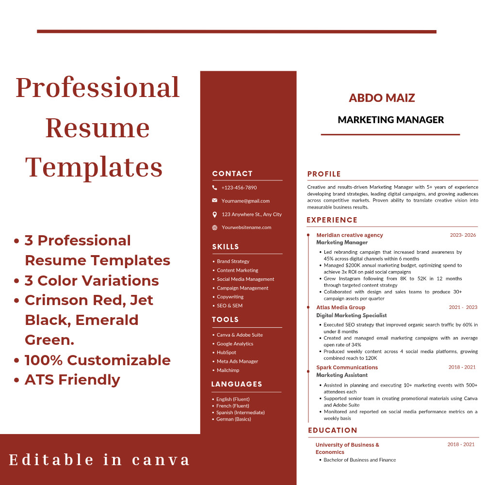 Marketing Creative Resume CV Template | Canva Editable | 3 Colors | ATS friendly