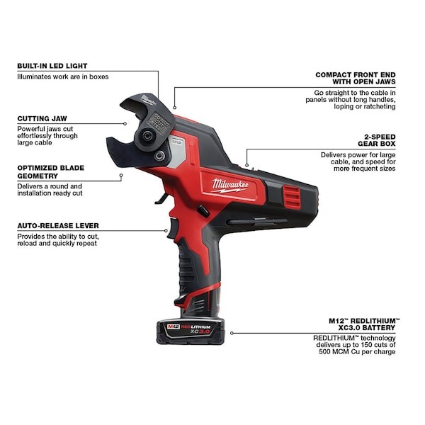 Milwaukee Tool 2472-21Xc M12 600 Mcm Cable Cutter Kit, Cordless, M12 Xc 3.0Ah