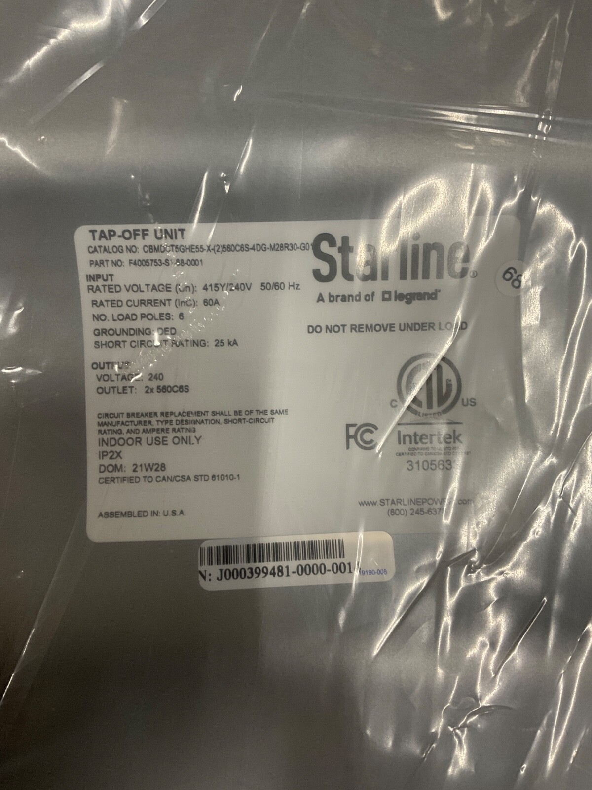 New StarLine Busway Tap Box CBMDCT5GHE55-1’-(2)560C6S-4DG… 60A 415Y/240V T5 Box